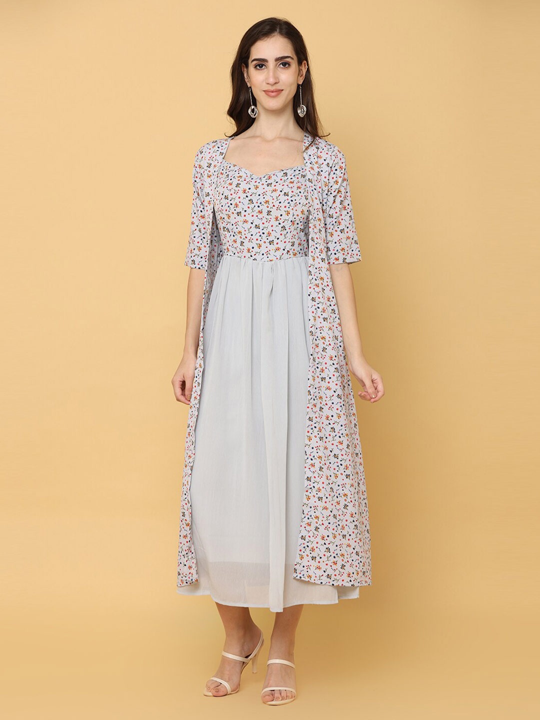 

NAYRA Floral Printed Gathered Georgette Fit & Flare Dress, Grey