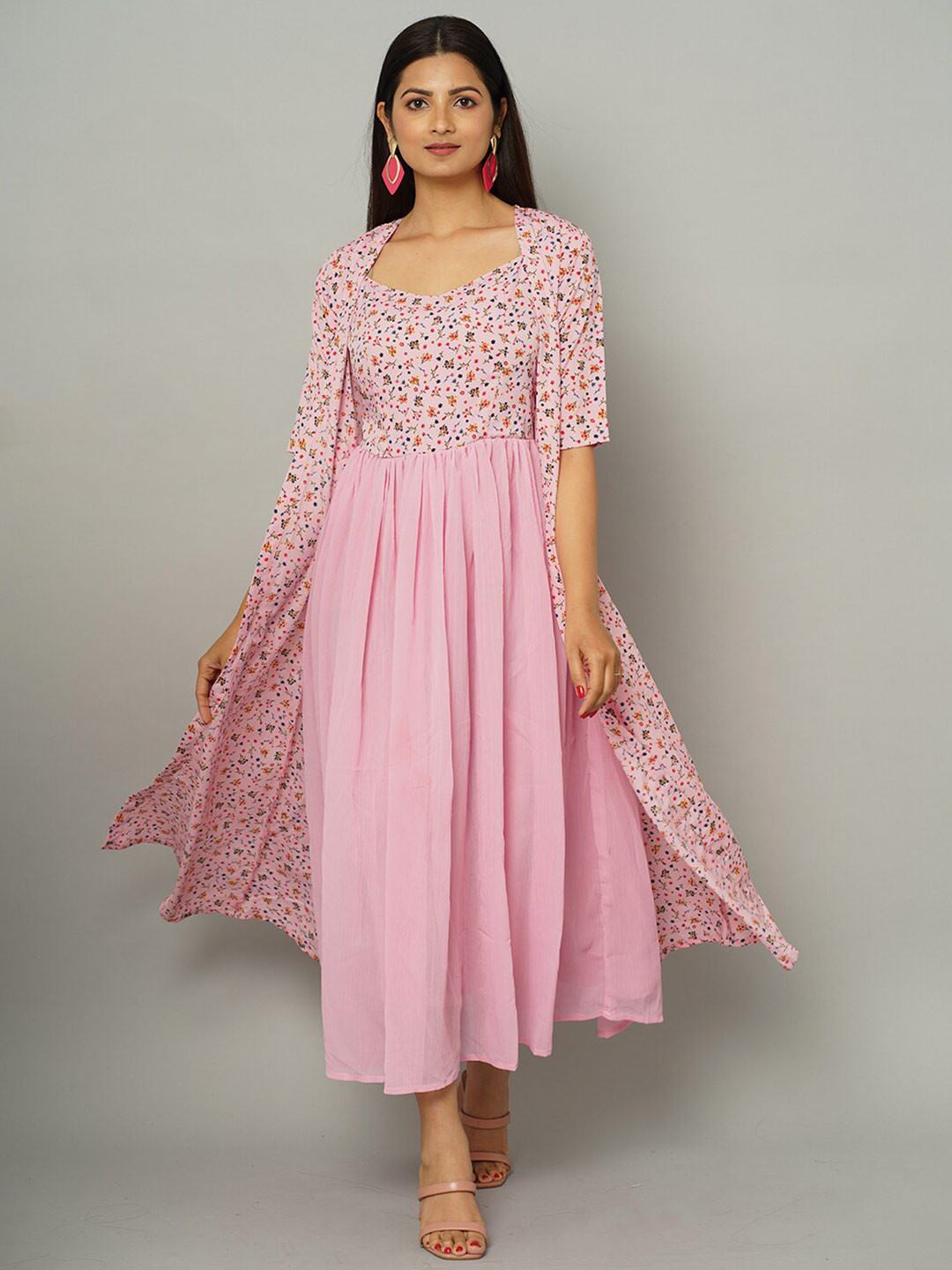 

NAYRA Floral Printed Shoulder Straps Gathered Georgette Fit & Flare Dress With Shrug, Pink