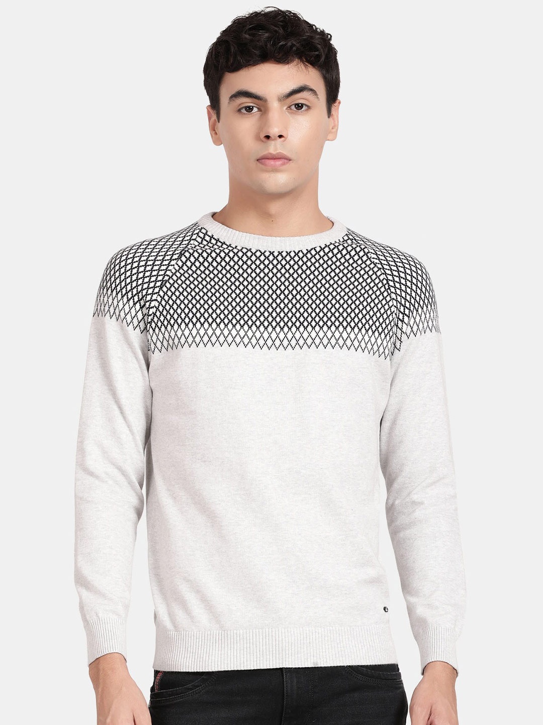 

t-base Men Self Design Cotton Pullover, White