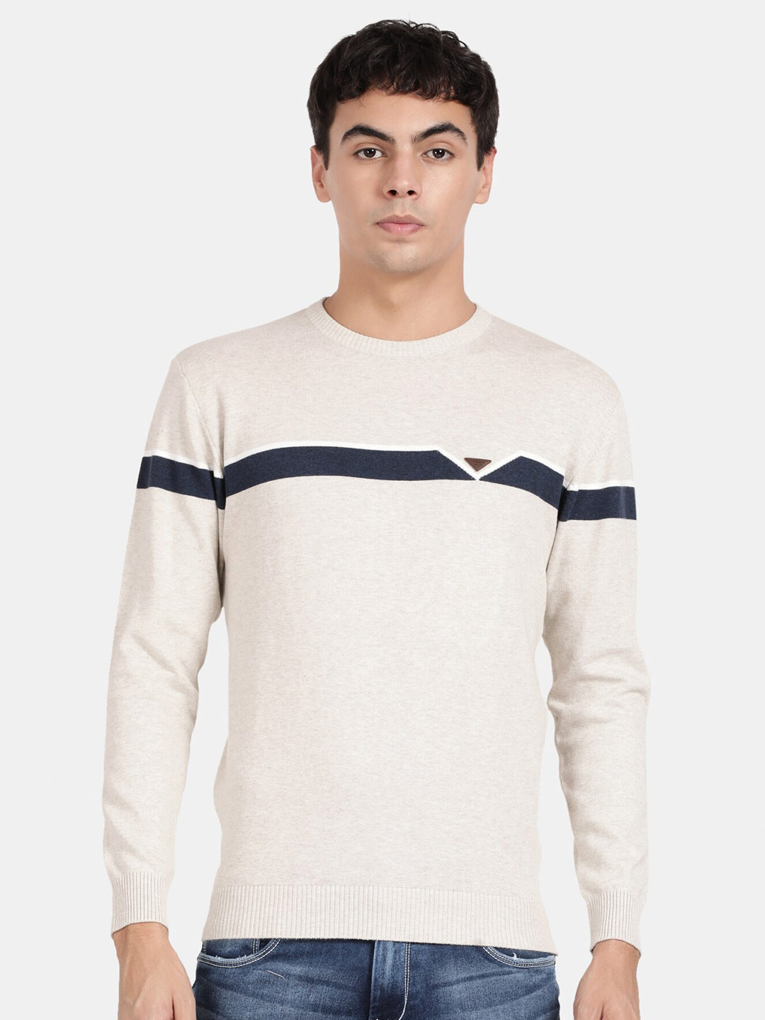 

t-base Striped Ribbed Cotton Pullover Sweater, Cream