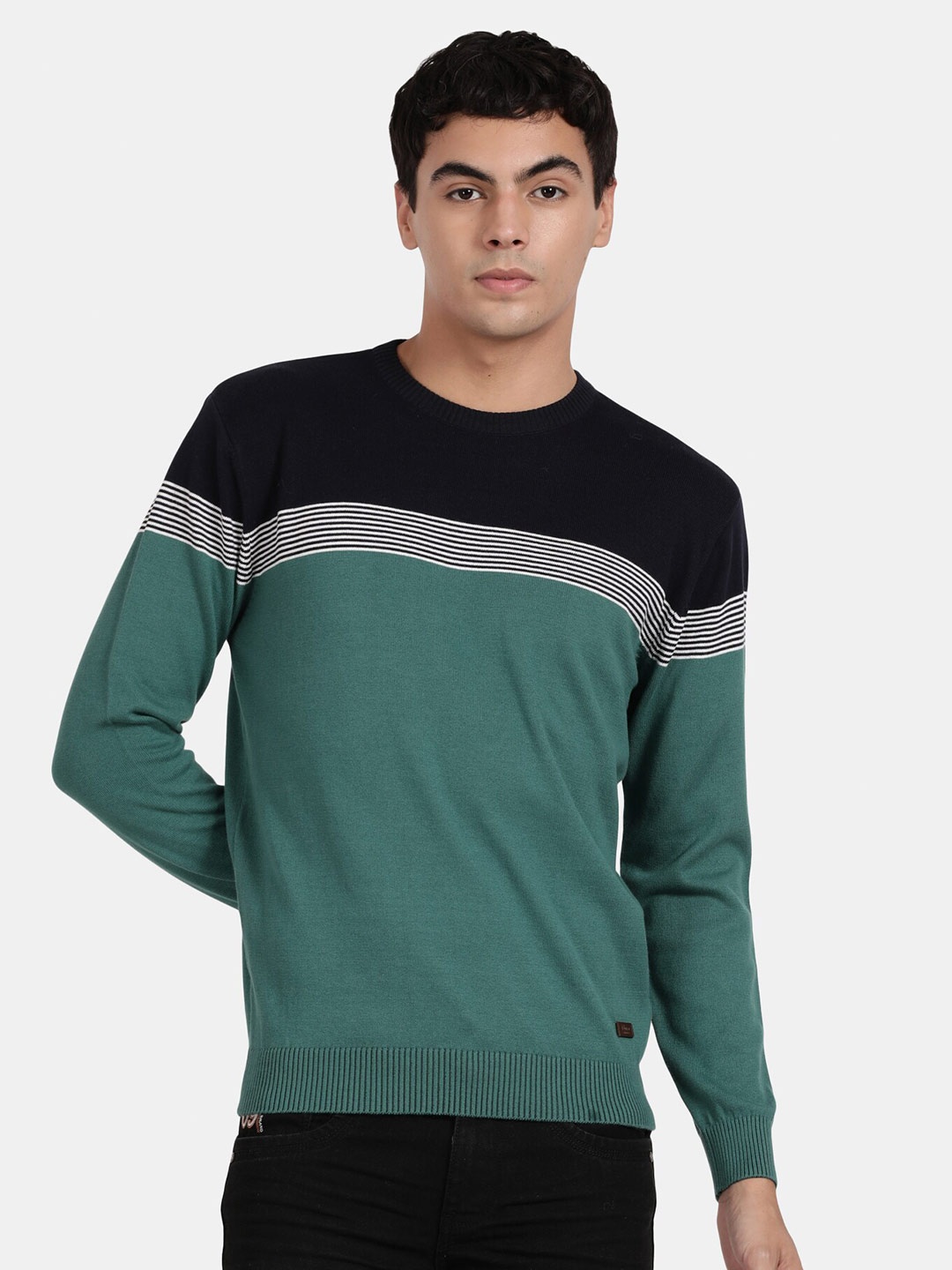 

t-base Colourblocked Cotton Pullover Sweater, Green