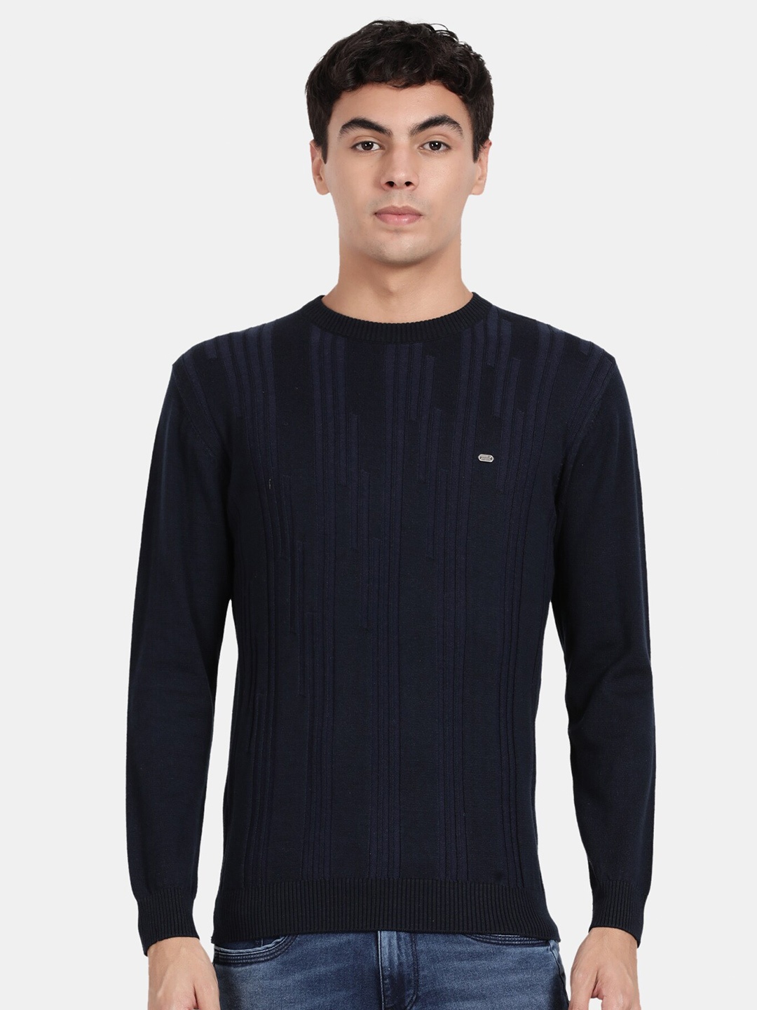 

t-base Striped Ribbed Cotton Pullover, Navy blue