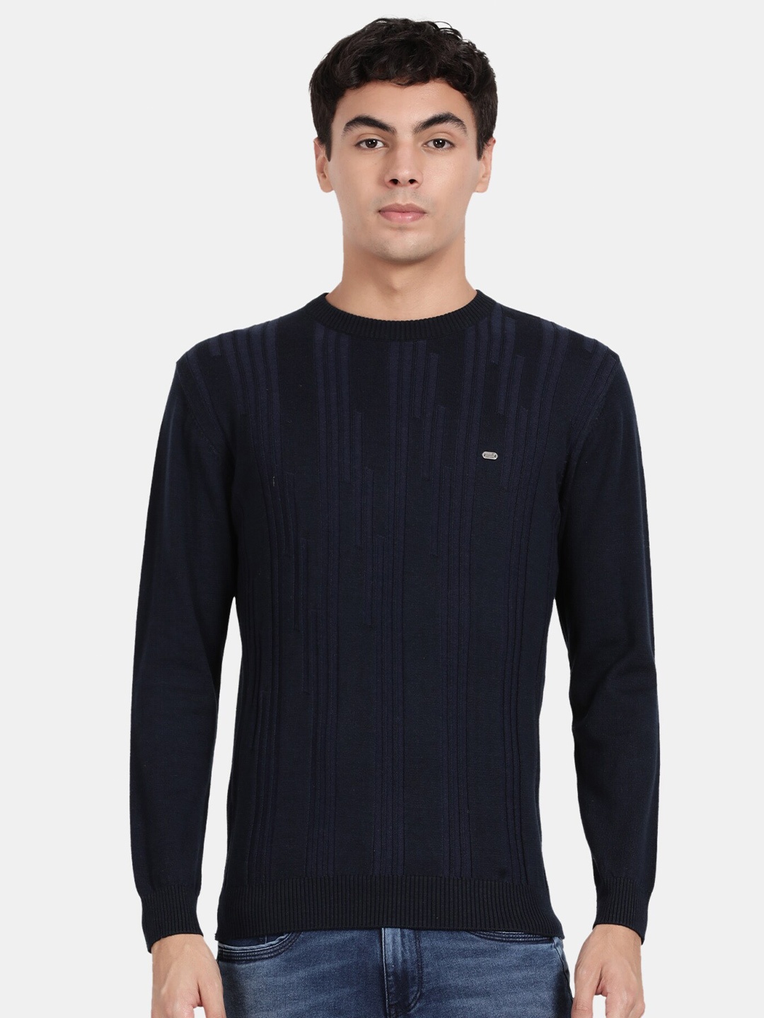 

t-base Striped Self Design Cotton Acrylic Pullover Sweater, Navy blue