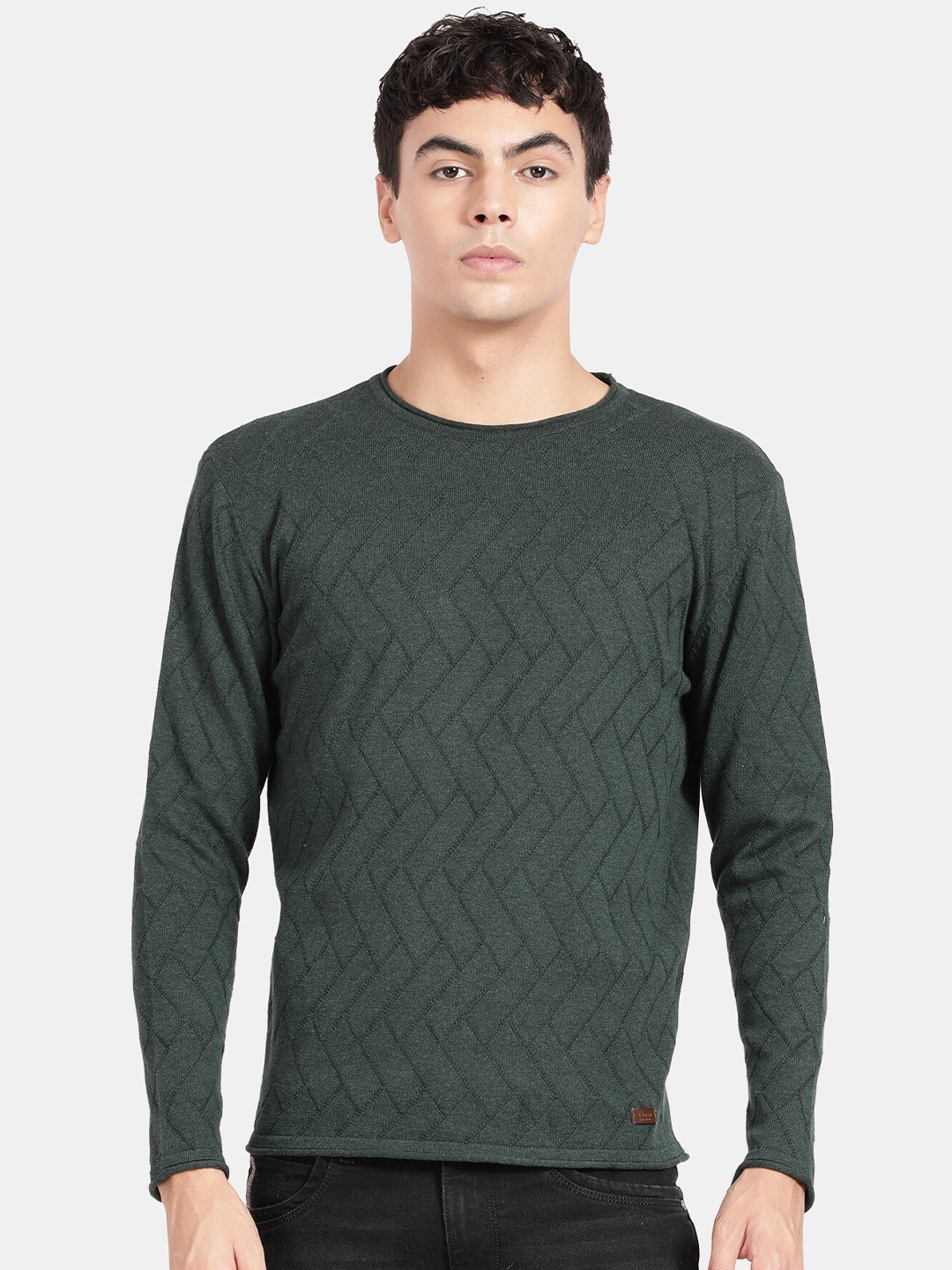 

t-base Geometric Self Design Cotton Pullover Sweater, Green
