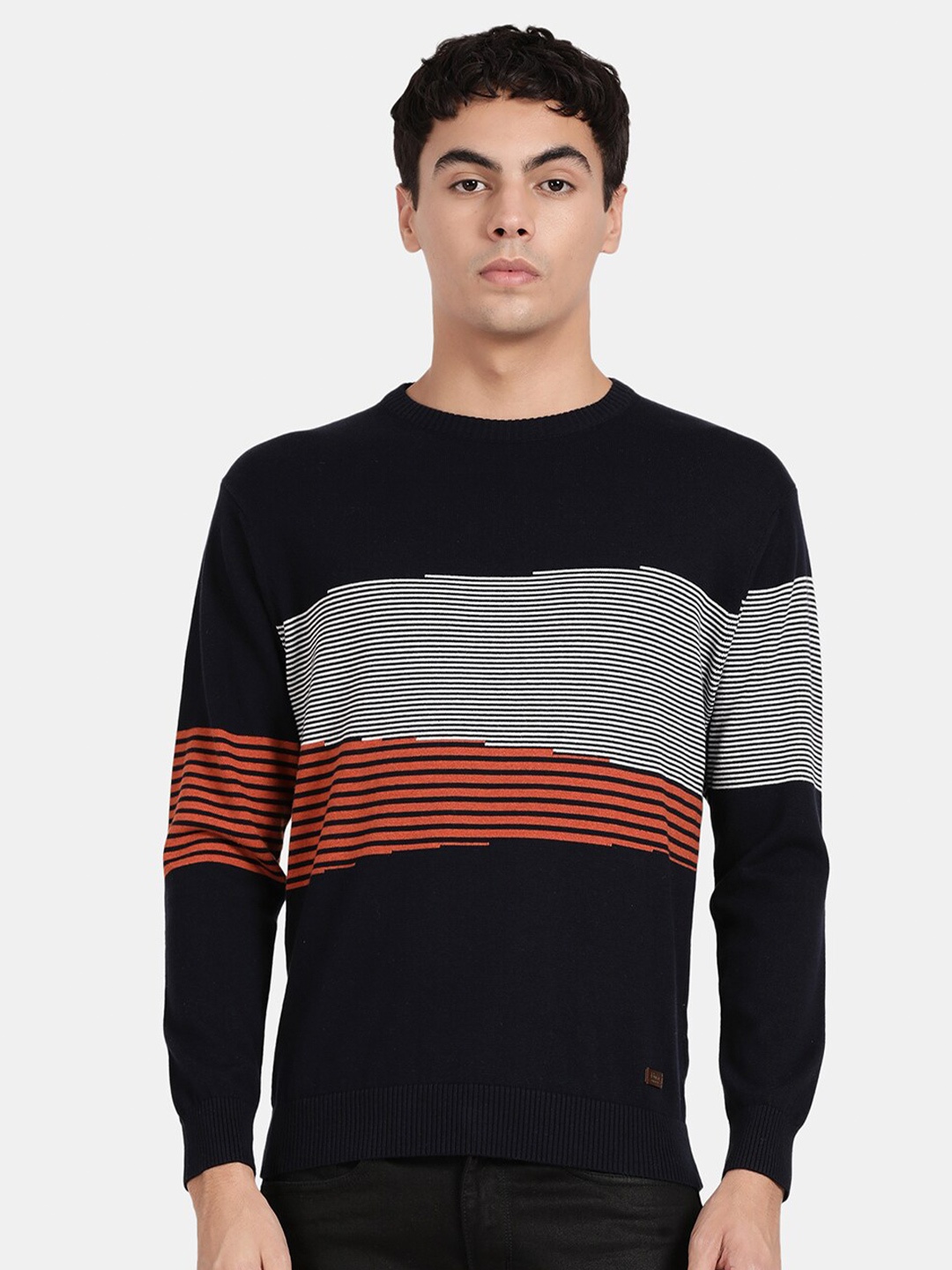 

t-base Striped Round Neck Cotton Pullover Sweater, Navy blue