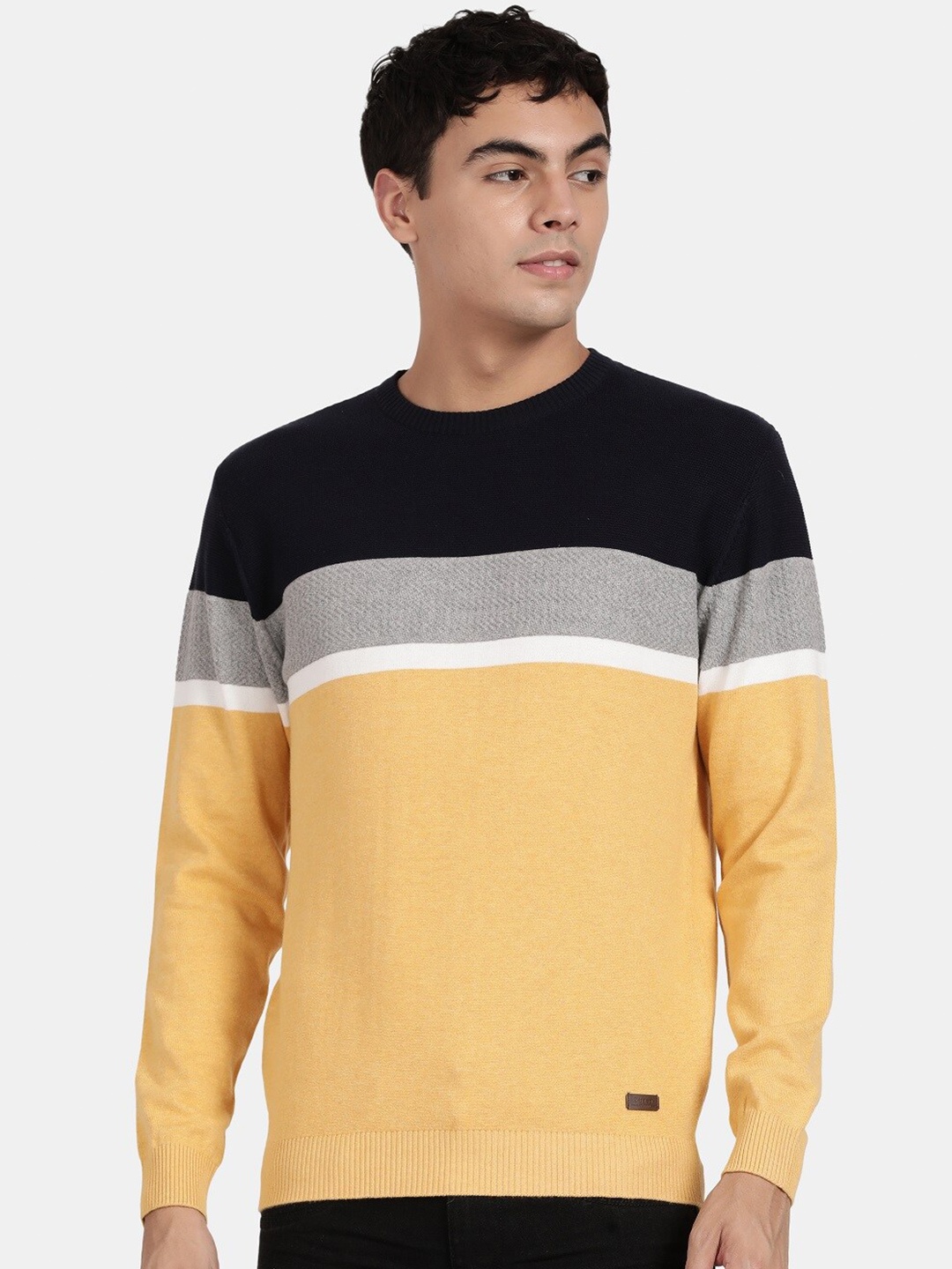 

t-base Colourblocked Striped Cotton Pullover Sweater, Yellow