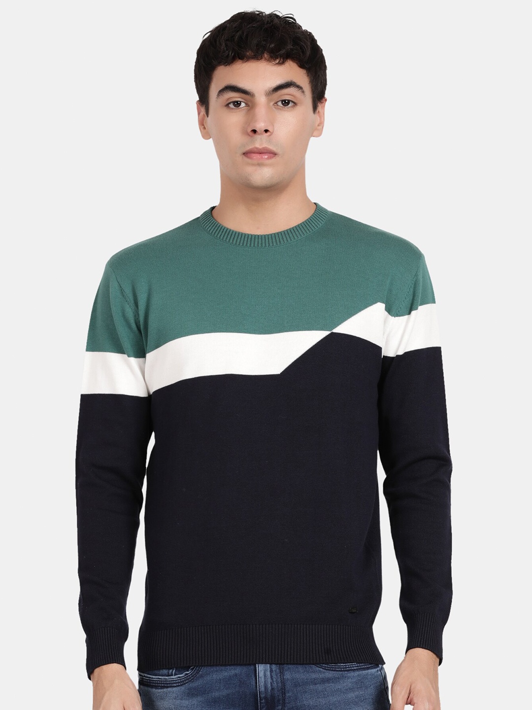 

t-base Colourblocked Cotton Pullover Sweater, Green