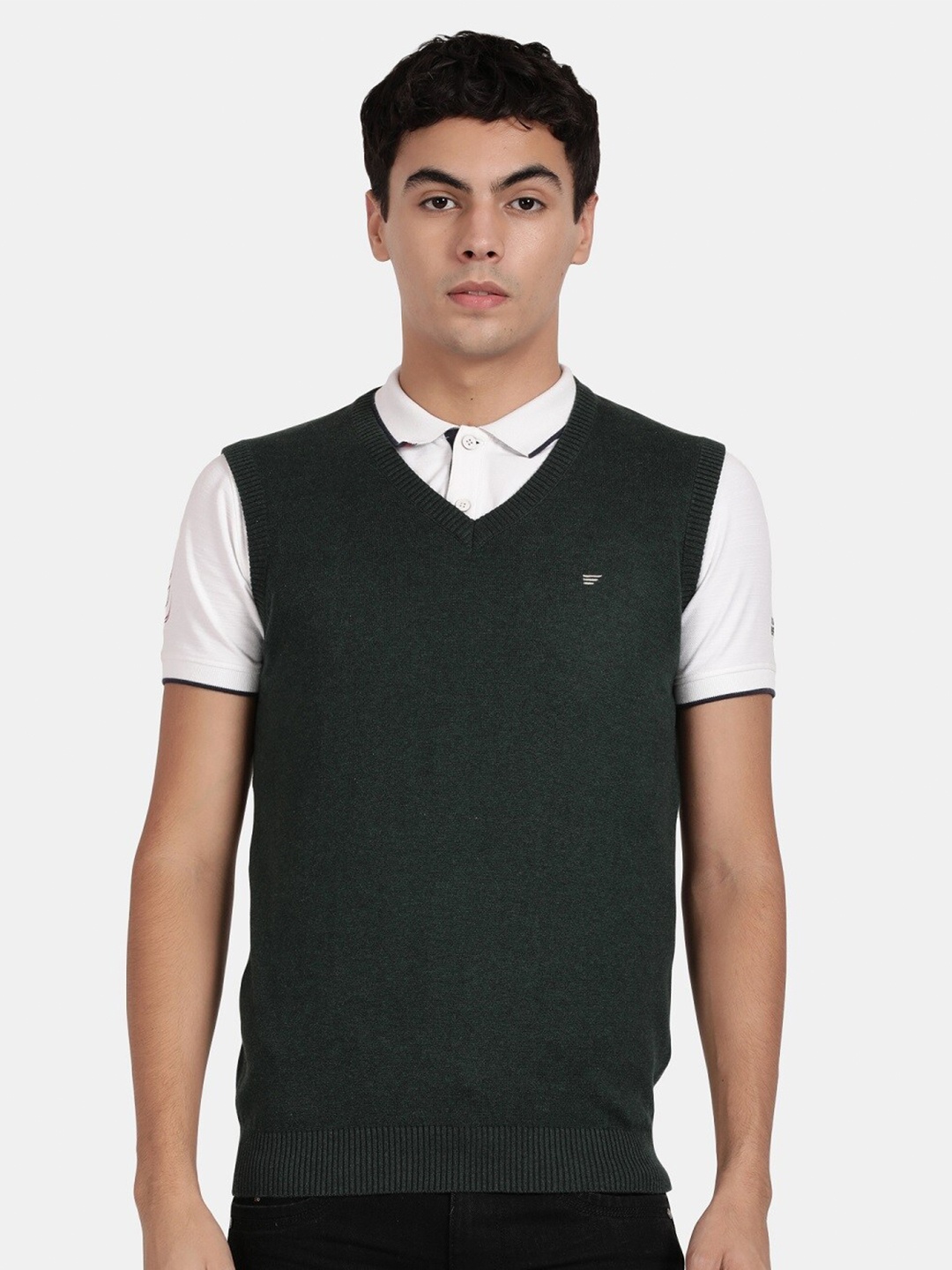 

t-base V-Neck Ribbed Cotton Pullover, Green