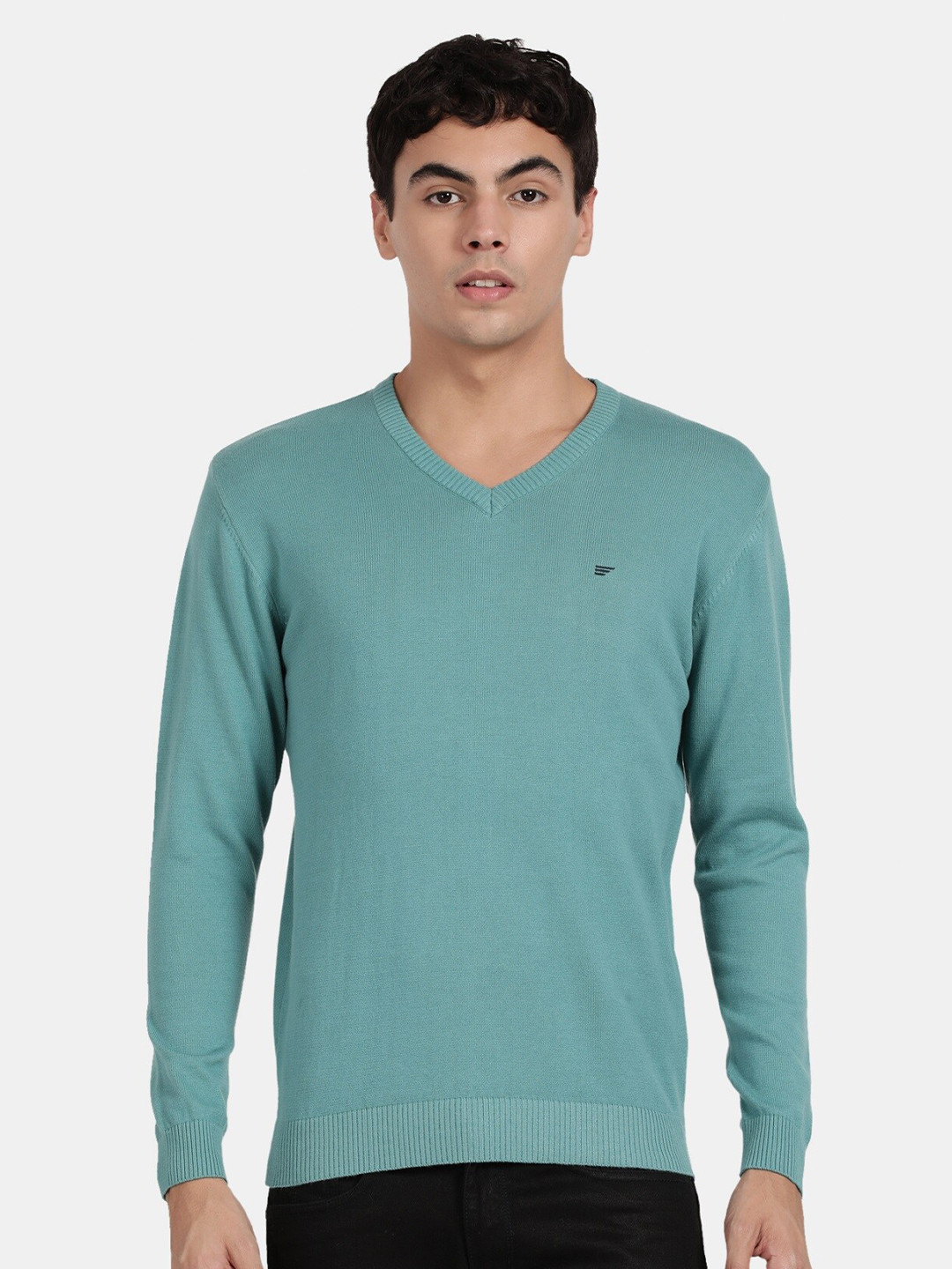 

t-base V-Neck Ribbed Cotton Pullover, Green