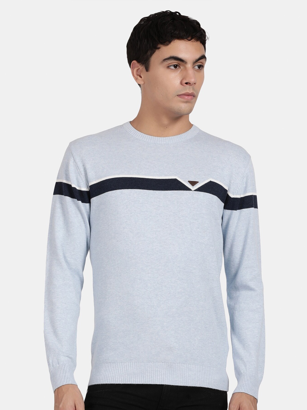 

t-base Striped Cotton Pullover Sweater, Grey melange