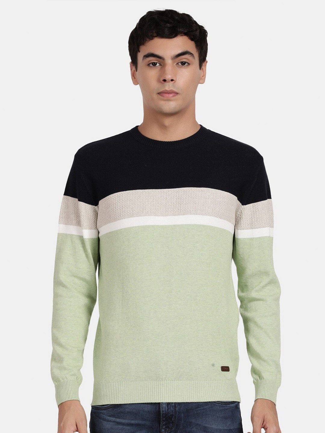 

t-base Colourblocked Ribbed Cotton Pullover Sweater, Green