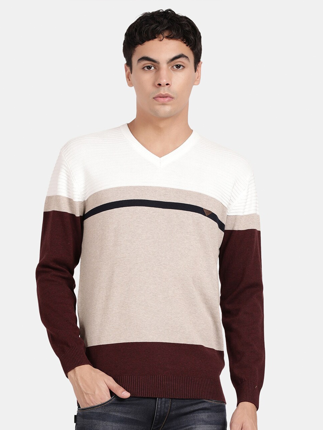 

t-base Colourblocked Ribbed Cotton Pullover Sweater, Beige