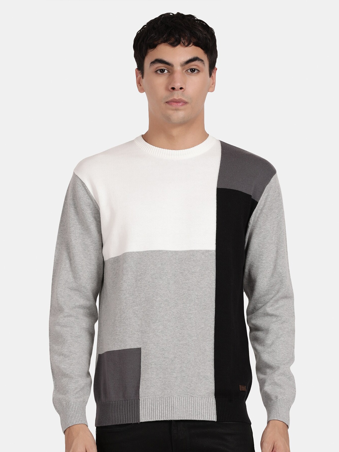 

t-base Colourblocked Cotton Pullover Sweater, Grey