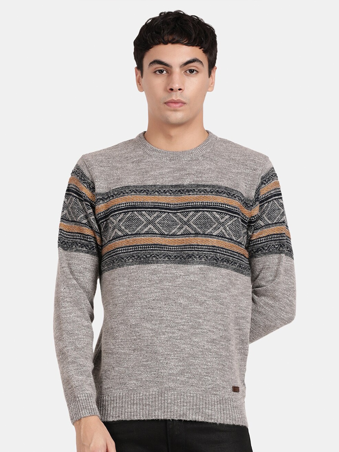 

t-base Geometric Self Design Ribbed Woollen Pullover Sweater, Beige