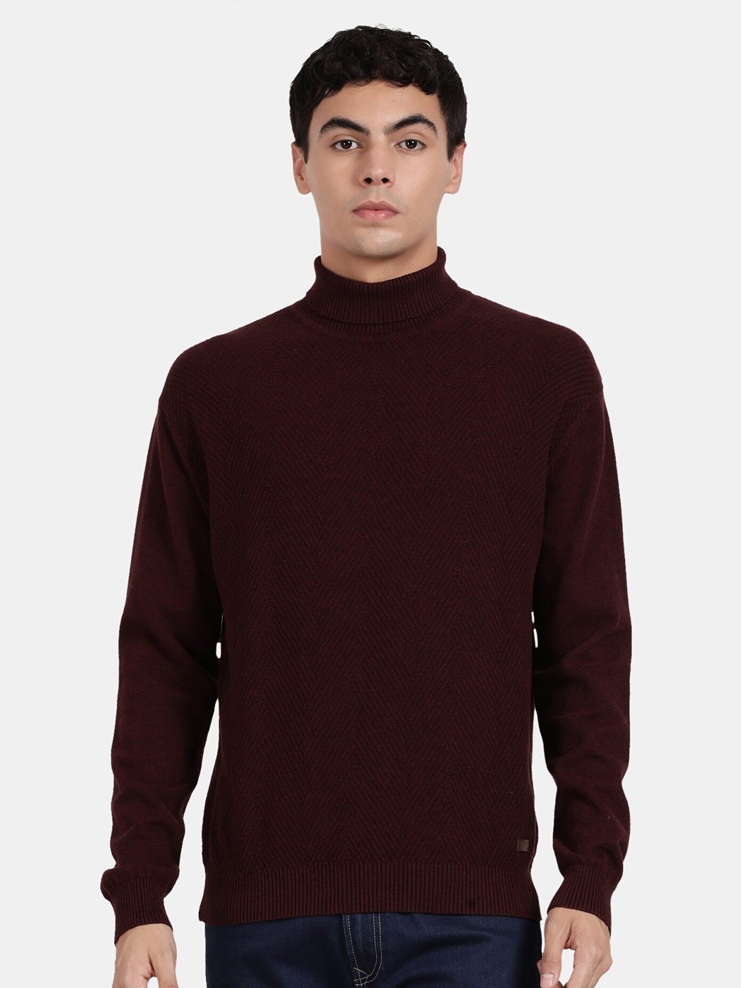 

t-base Men Self Design Turtle Neck Pullover Cotton Sweatshirt, Maroon