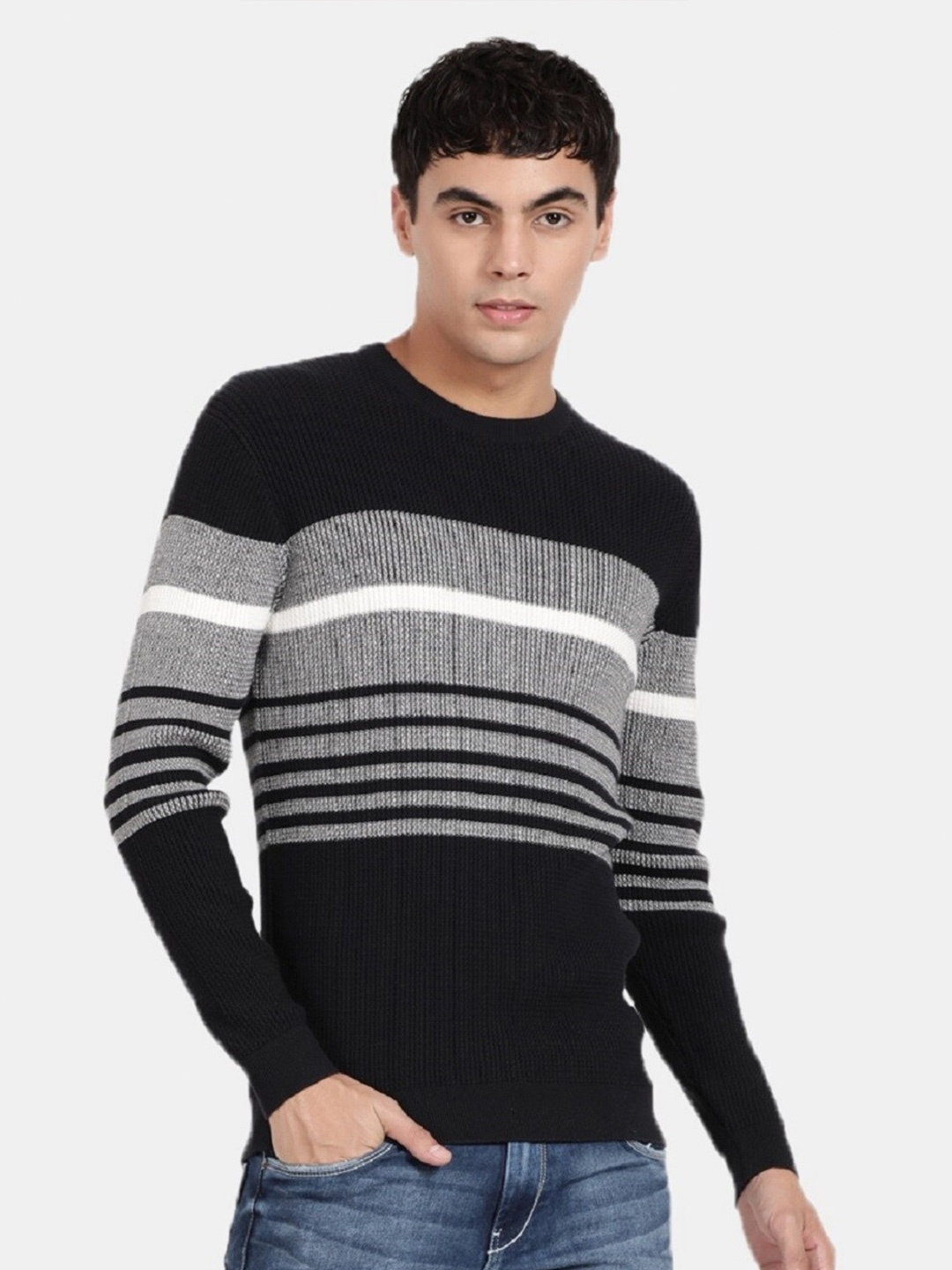 

t-base Striped Pullover Cotton Sweater, Navy blue