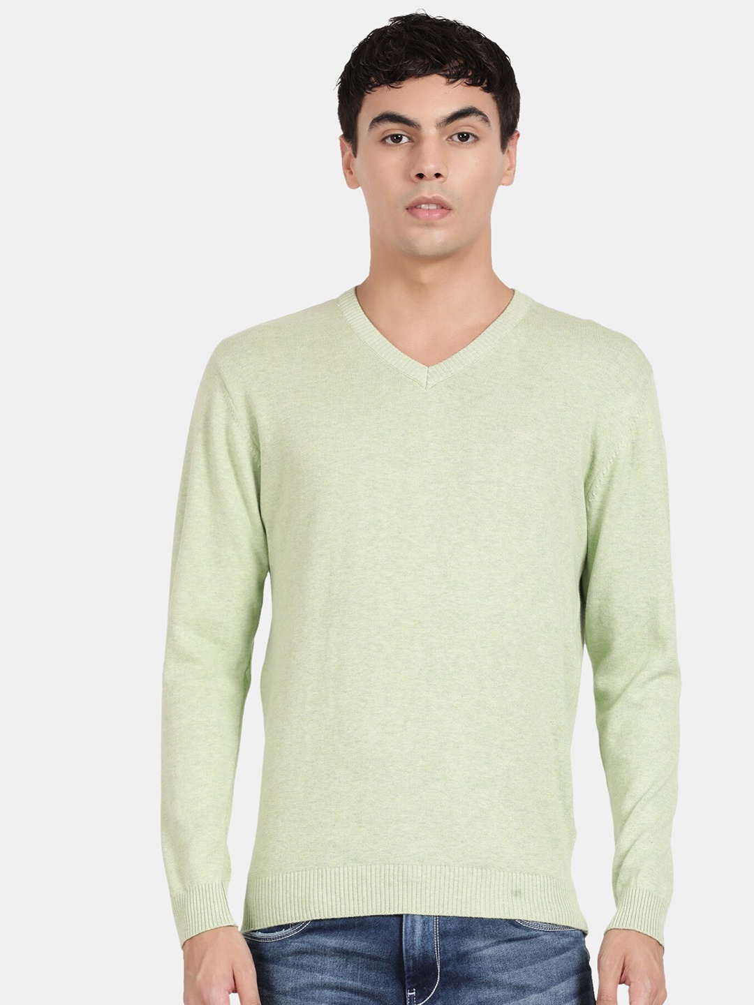 

t-base Ribbed V-neck Long Sleeves Pullover, Green