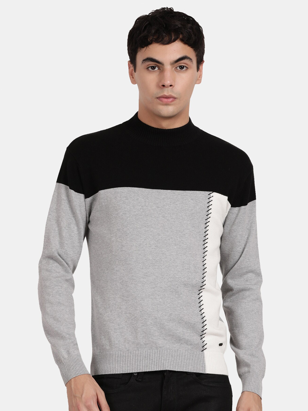 

t-base Colourblocked High Neck Cotton Pullover, Grey