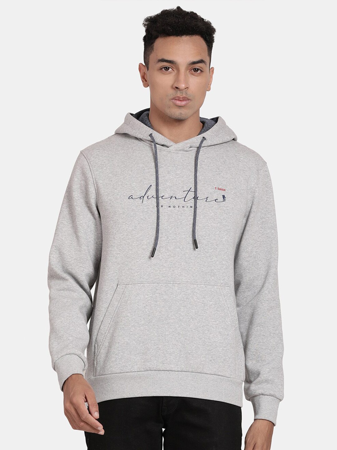 

t-base Typography Printed Hooded Cotton Sweatshirt, Grey