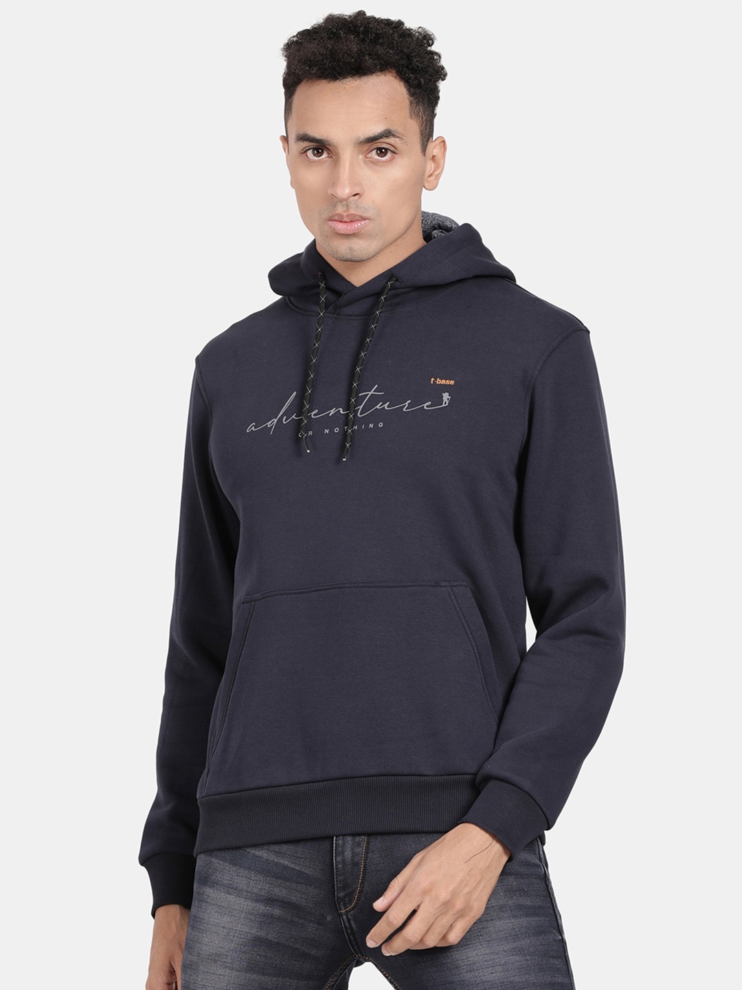 

t-base Typography Printed Hooded Cotton Sweatshirt, Navy blue