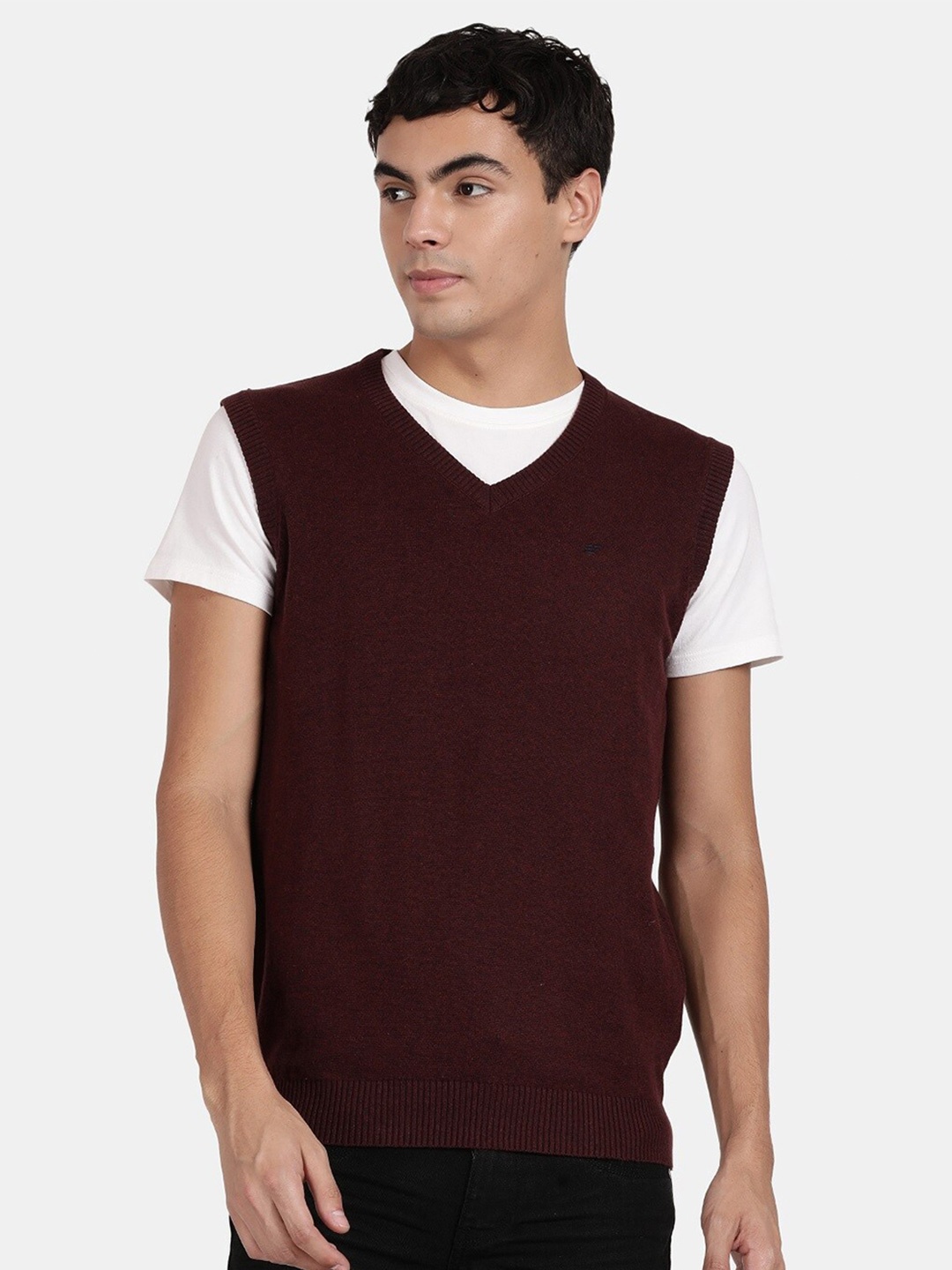 

t-base V-Neck Sleeveless Cotton Sweater Vest, Maroon