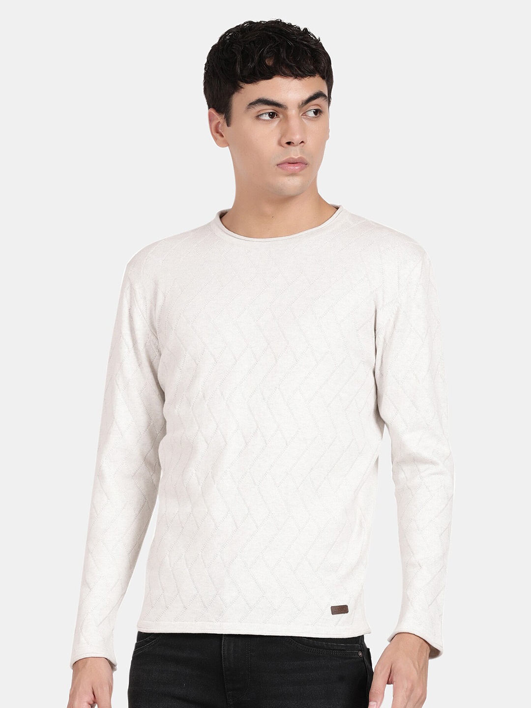 

t-base Geometric Self Design Ribbed Woollen Pullover Sweater, White