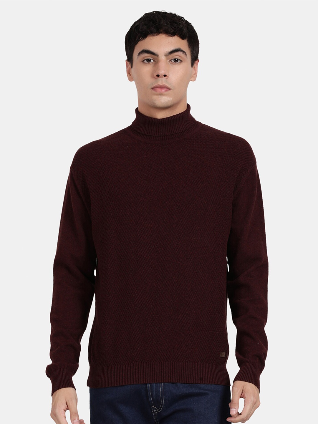 

t-base Self Design Turtle Neck Cotton Pullover Sweater, Maroon