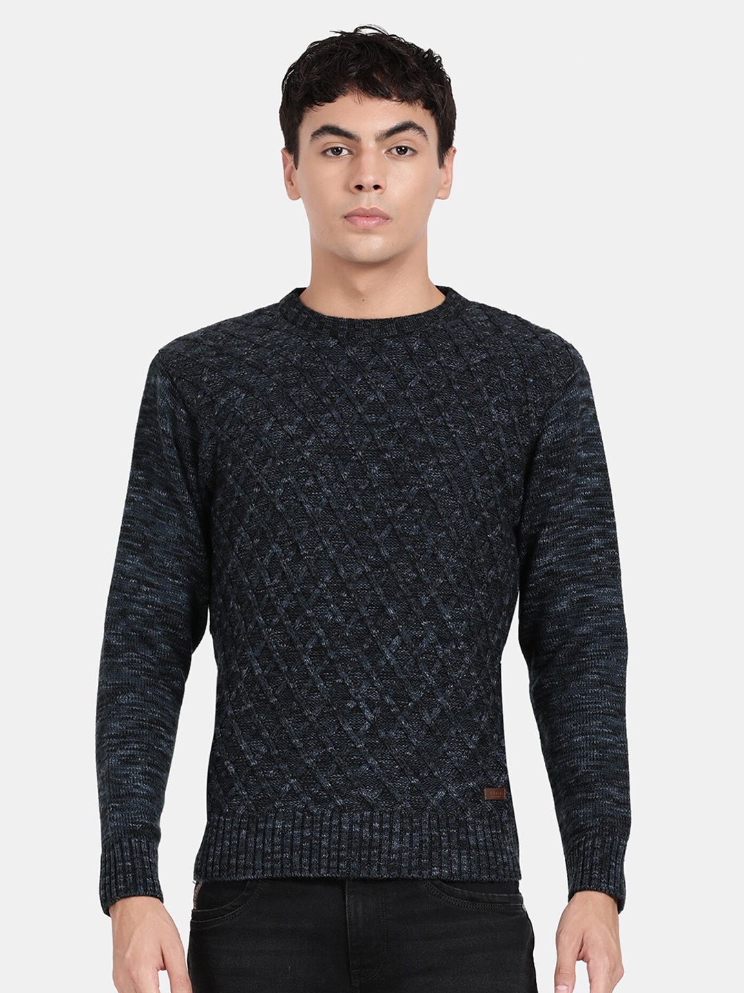

t-base Geometric Self Design Ribbed Woollen Pullover Sweater, Navy blue