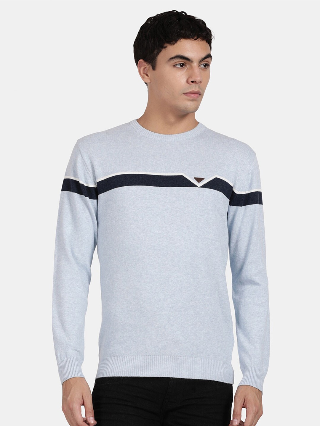

t-base Striped Cotton Pullover Sweater, Grey melange