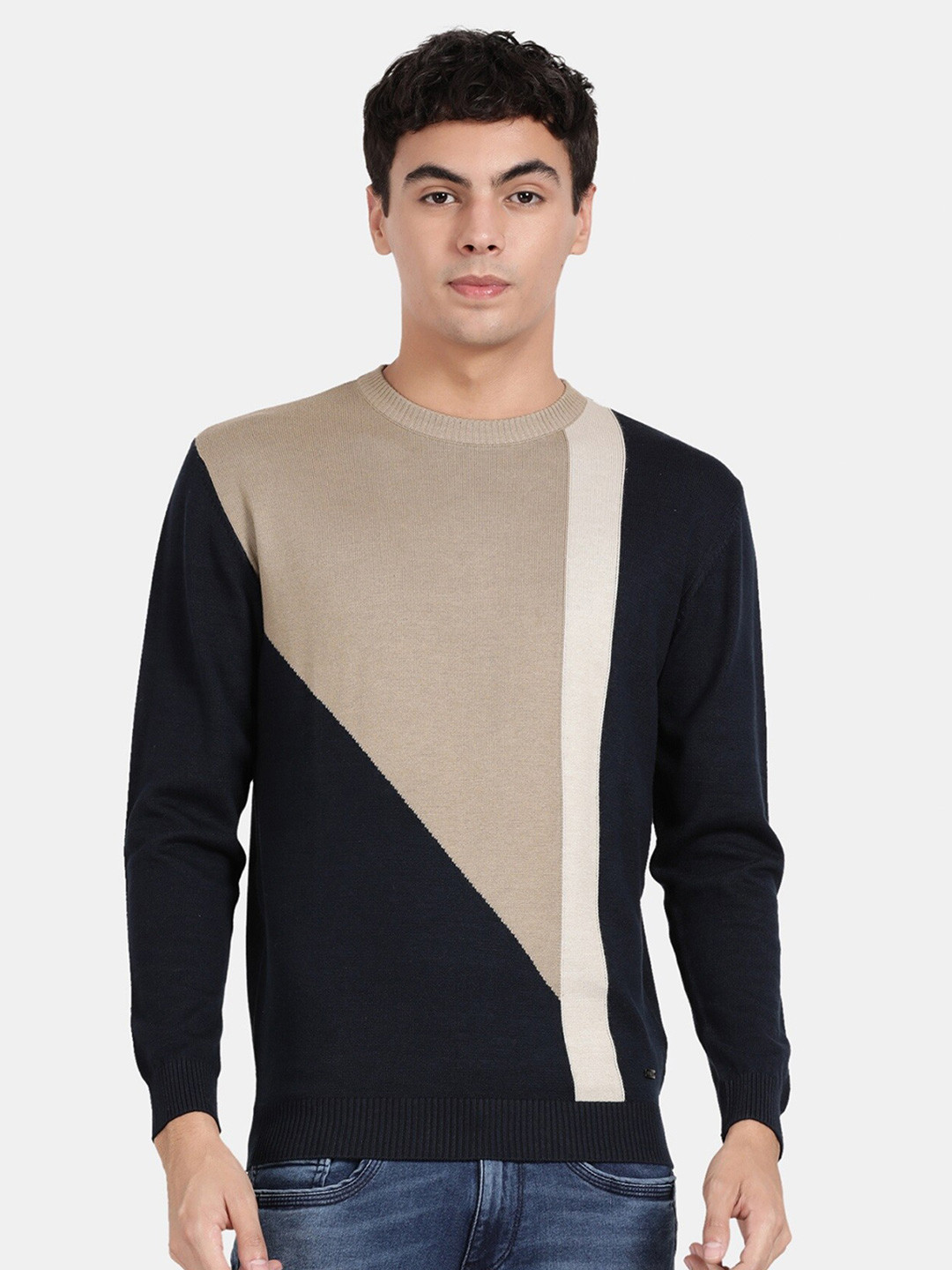 

t-base Colourblocked Cotton Pullover Sweater, Navy blue
