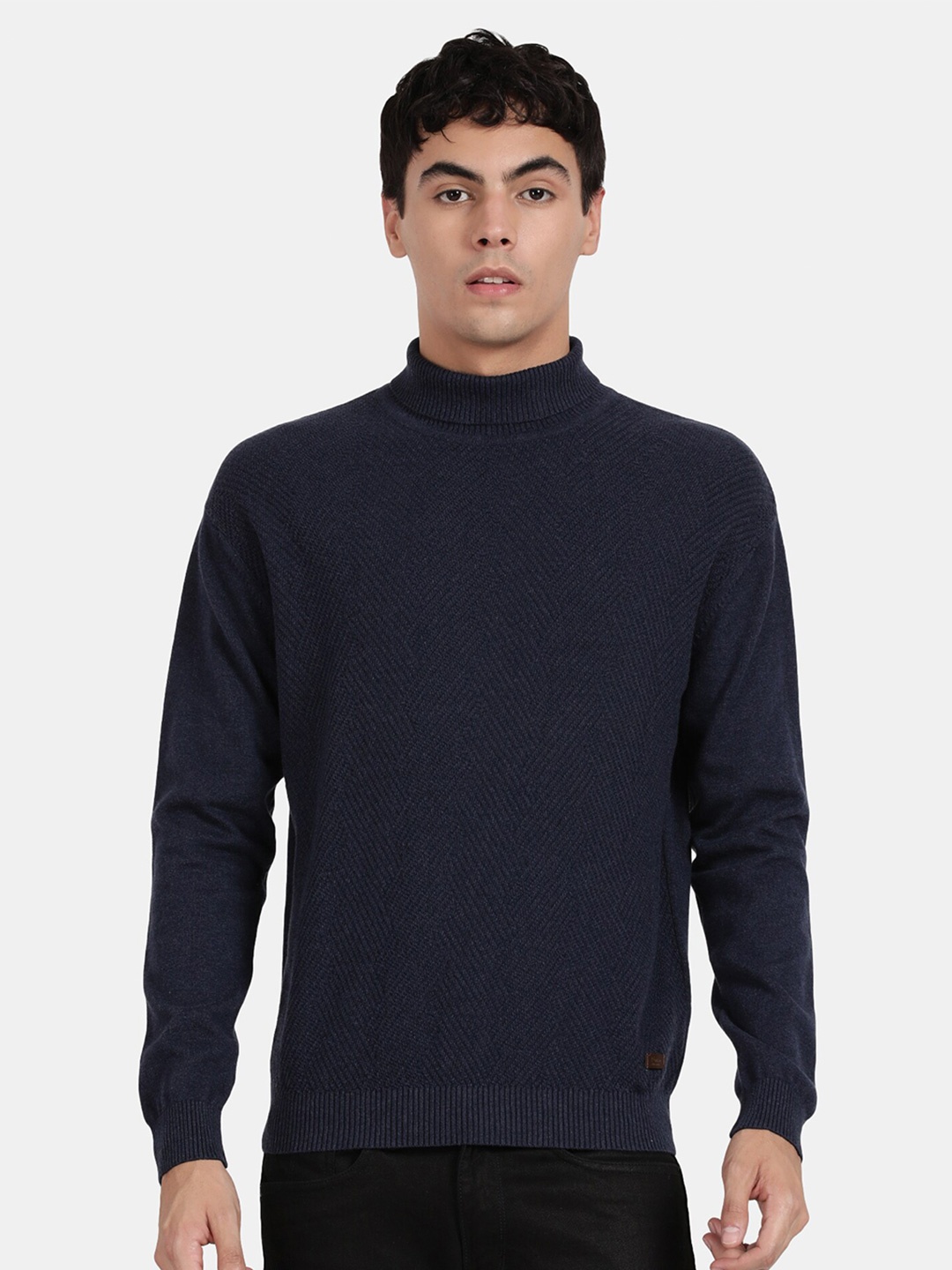 

t-base Self Design Turtle Neck Cotton Pullover Sweater, Navy blue