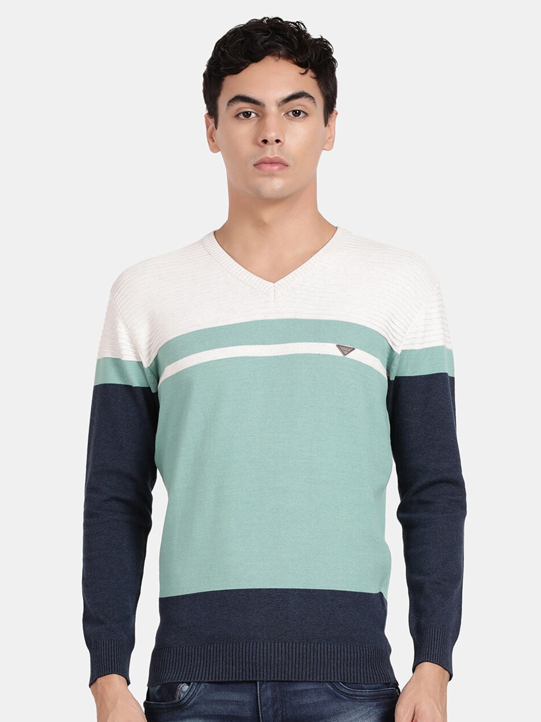 

t-base Colourblocked V-Neck Ribbed Cotton Pullover Sweater, Sea green