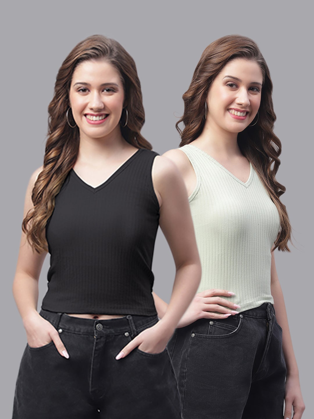 

Friskers Pack Of 2 V-Neck Sleeveless Fitted Top, Black