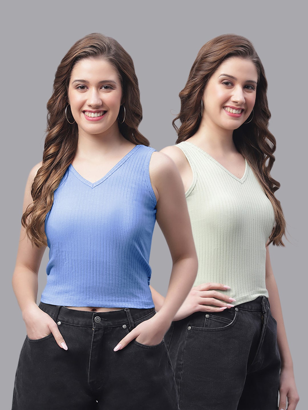 

Friskers Pack Of 2 V-Neck Skin Friendly Fitted Crop Top, Turquoise blue