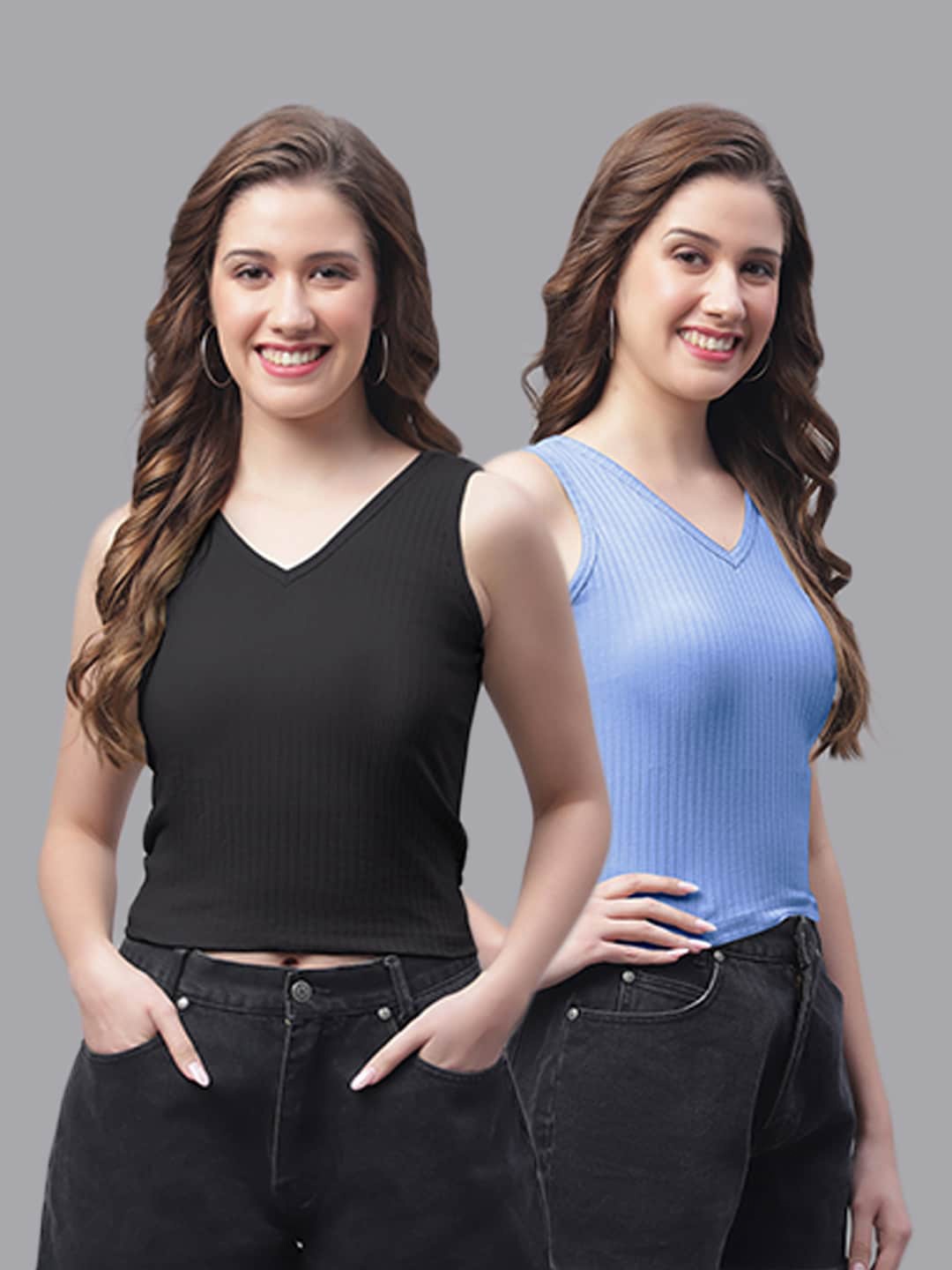 

Friskers Pack Of 2 V-Neck Sleeveless Fitted Top, Black