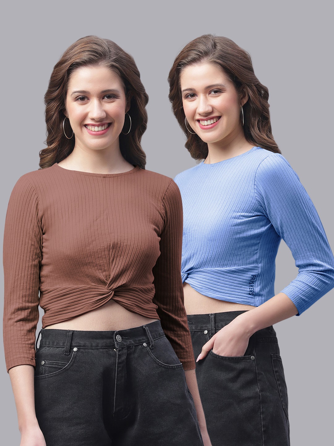 

Friskers Pack Of 2 Round Neck Skin Friendly Fitted Crop Top, Brown