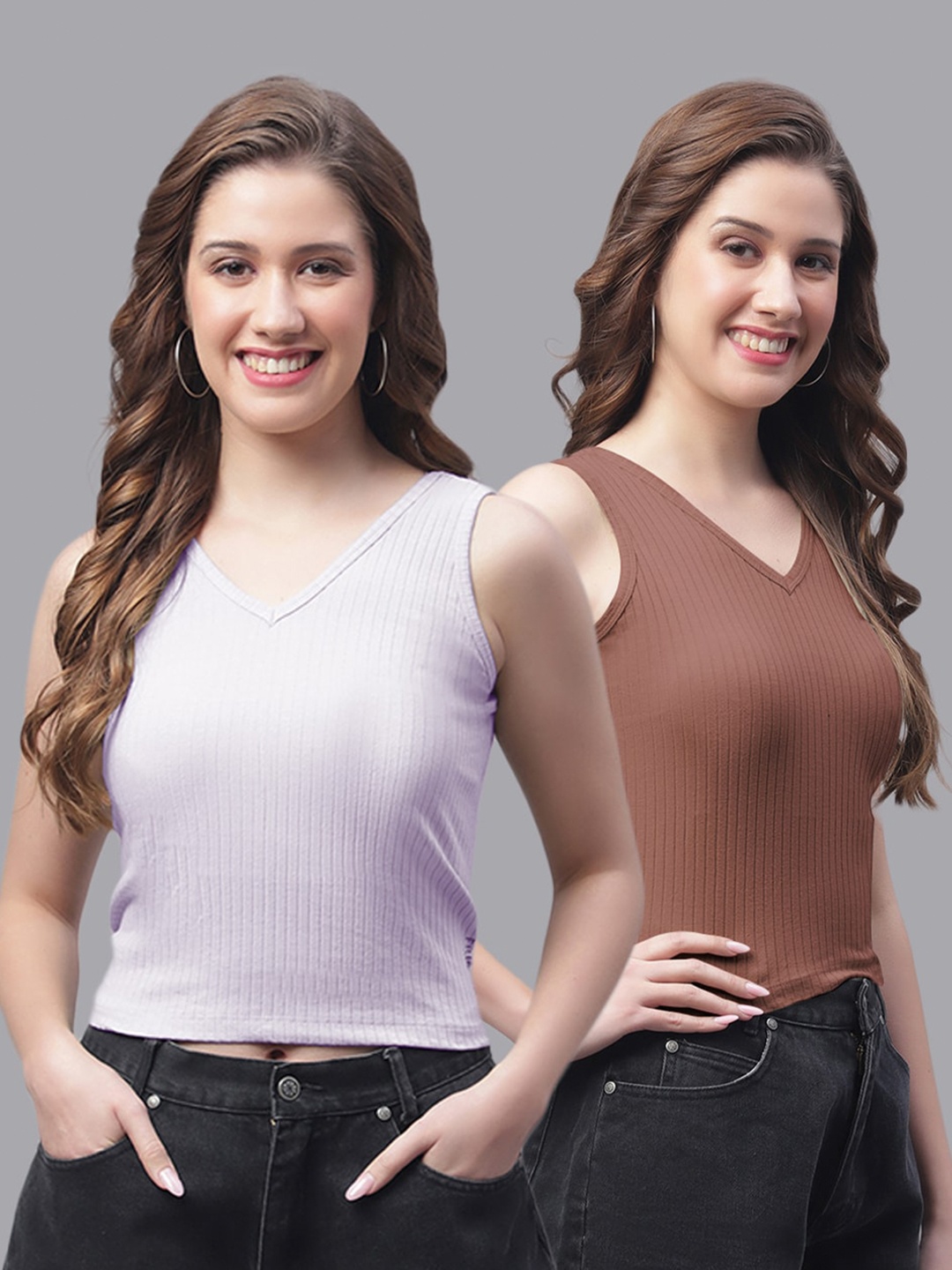 

Friskers Pack Of 2 V-Neck Skin Friendly Fitted Crop Top, Lavender