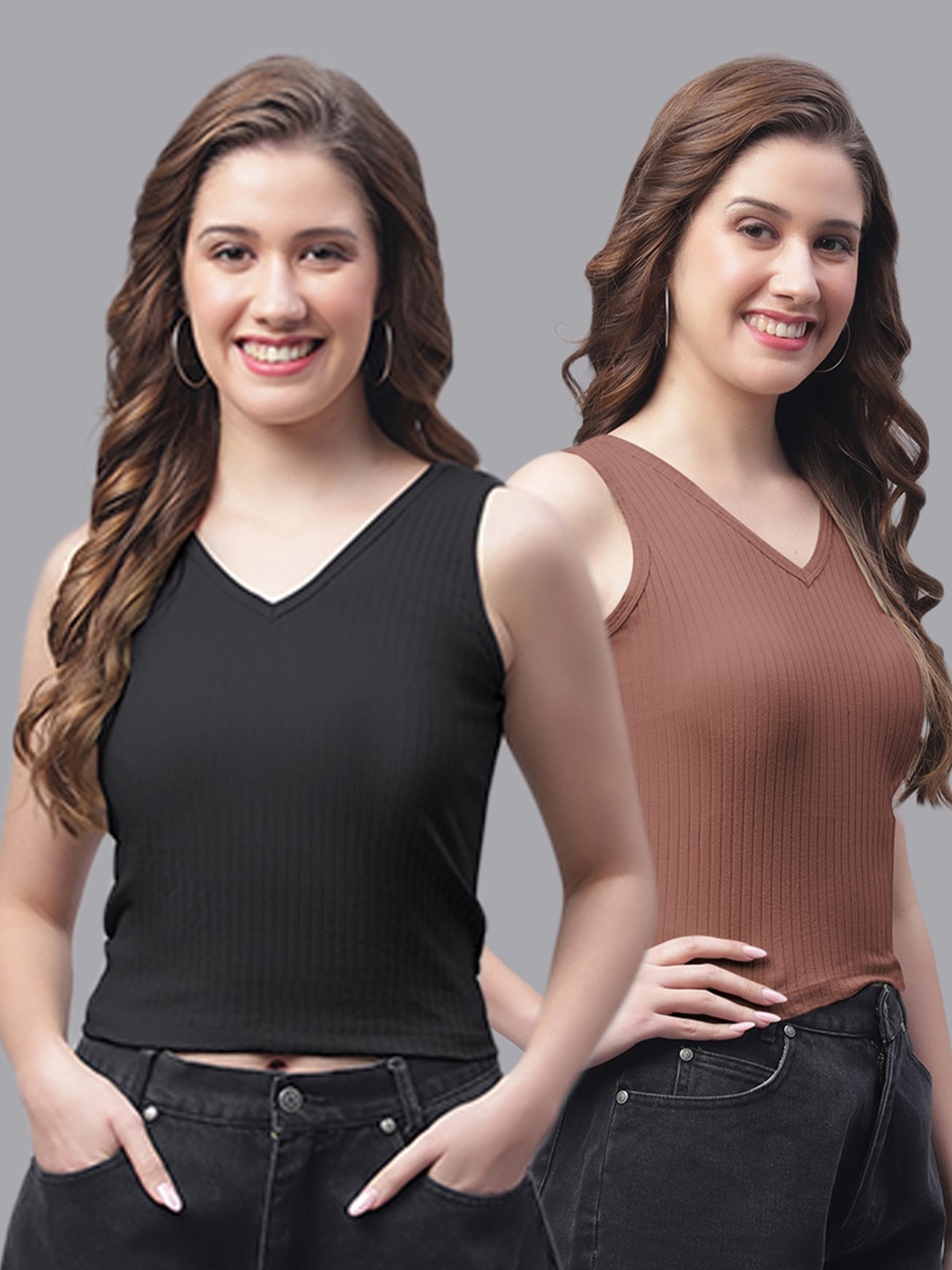 

Friskers Pack Of 2 V-Neck Sleeveless Fitted Top, Black