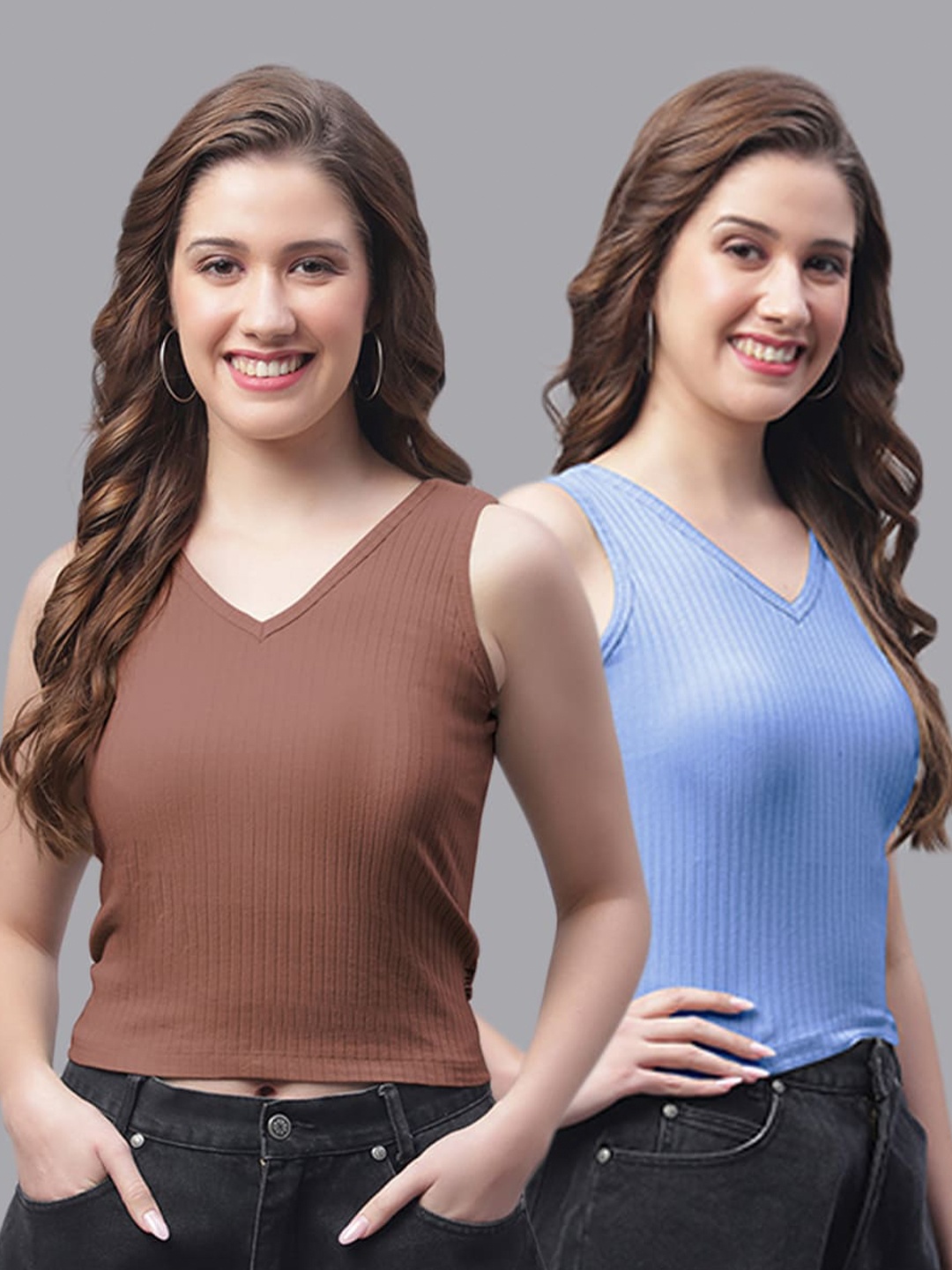 

Friskers Pack Of 2 V-Neck Sleeveless Fitted Top, Brown