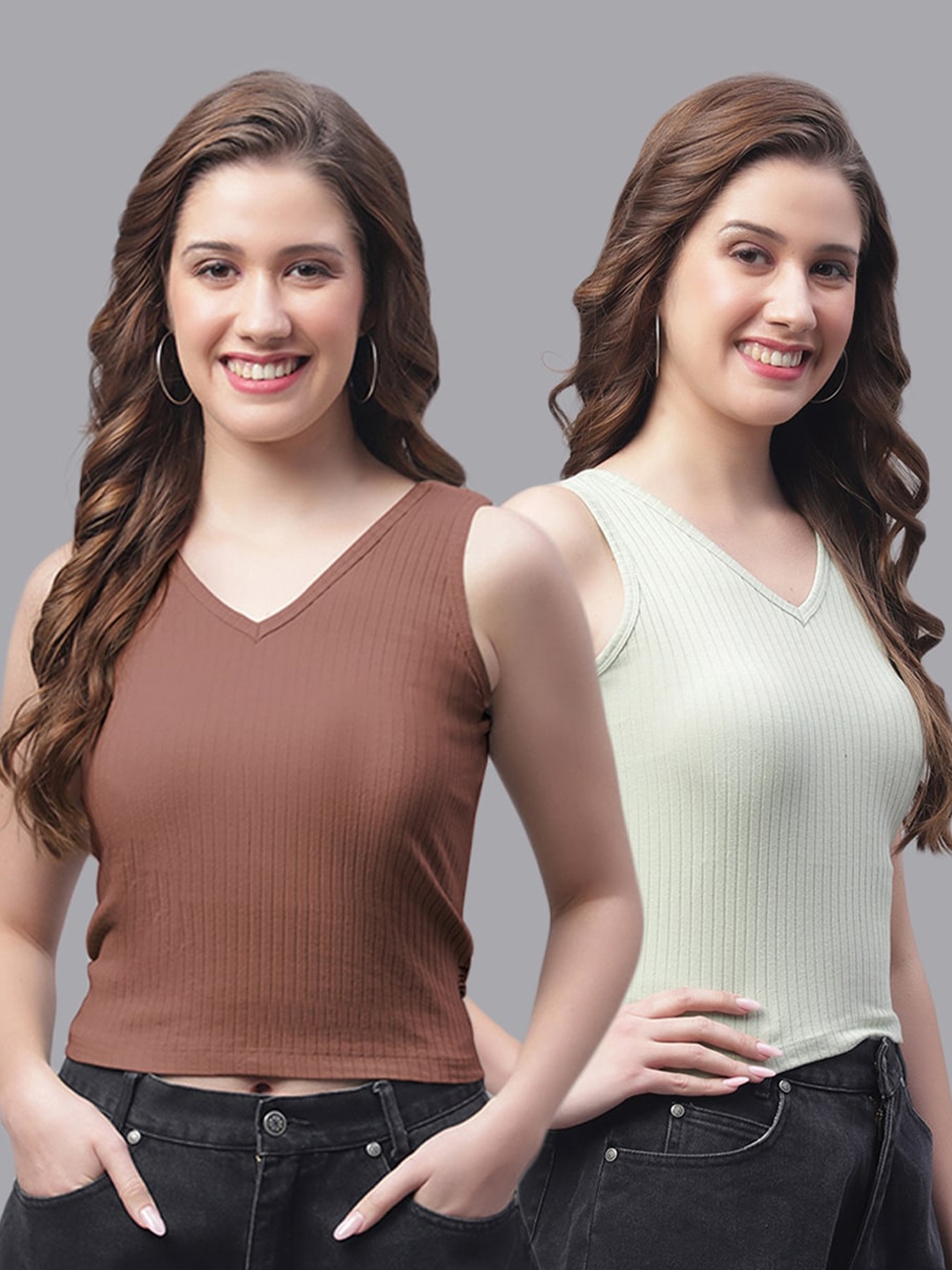 

Friskers Pack Of 2 V-Neck Skin Friendly Fitted Crop Top, Brown