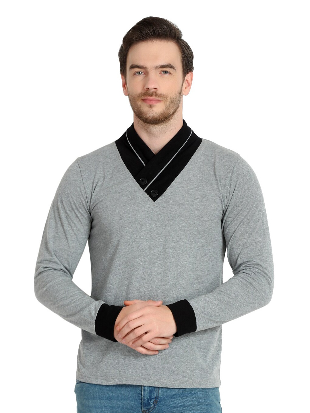 

GLITO V-Neck Pullover Cotton Sweatshirt, Grey melange