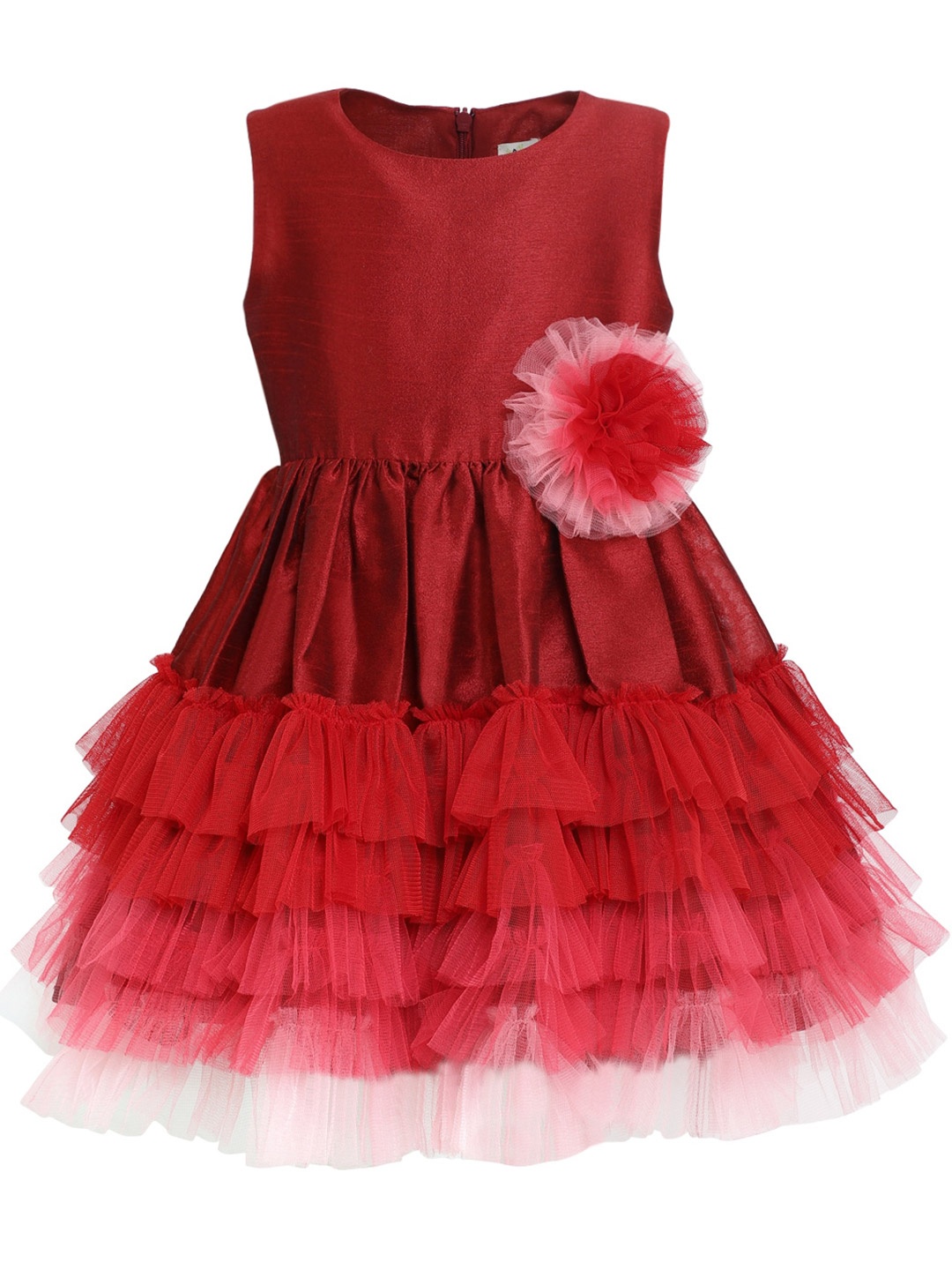 

A Little Fable Girls Round Neck Layered Fit & Flare Dress, Red