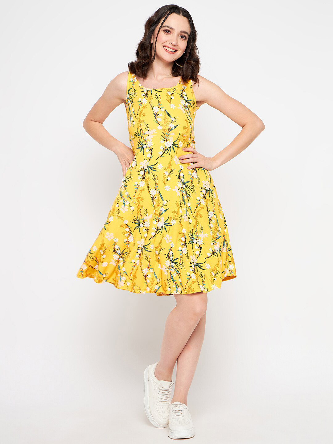 

Uptownie Lite Yellow Floral Printed Sleeveless Fit & Flare Dress