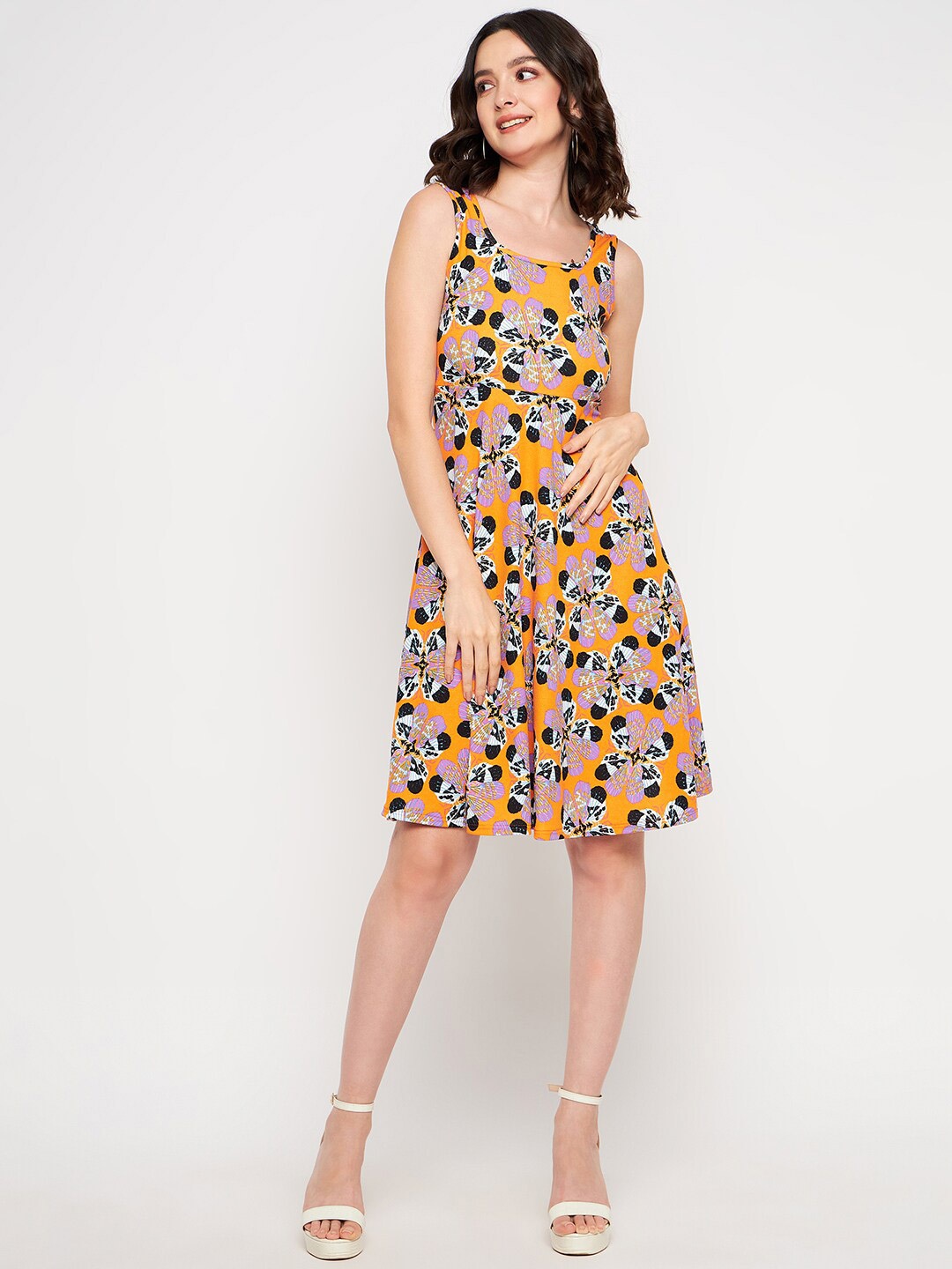 

Uptownie Lite Orange Floral Printed Round Neck Sleeveless Fit & Flare Dress