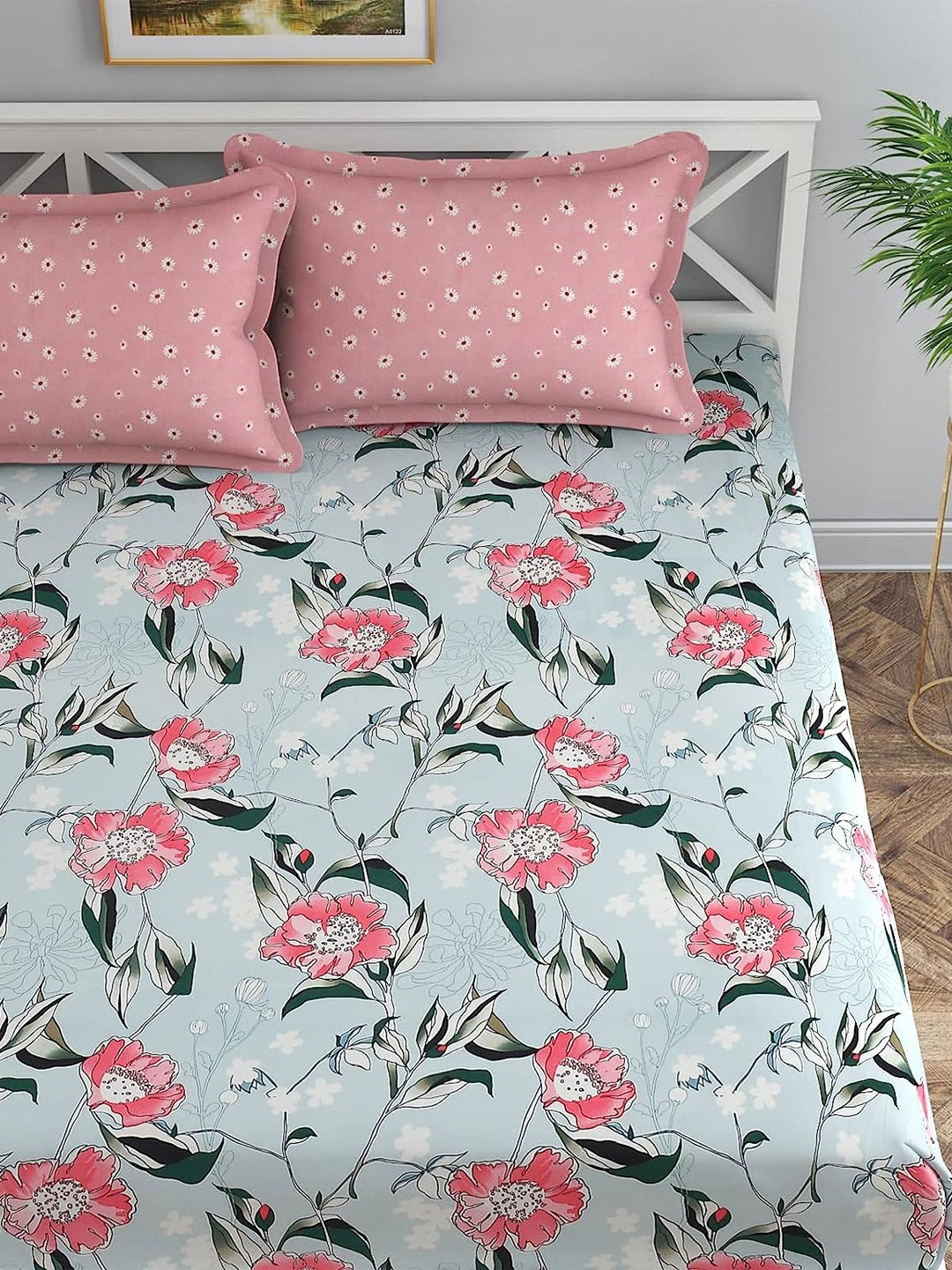 

Florida Blue & Pink Floral 180 TC Queen Bedsheet with 2 Pillow Covers