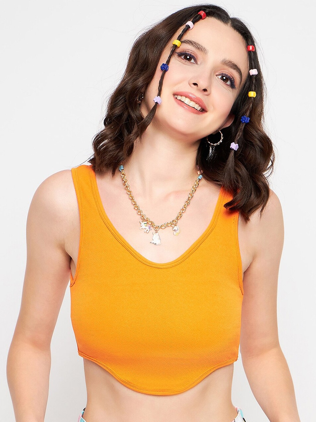

Uptownie Lite Yellow V-Neck Sleeveless Tank Crop Top, Orange