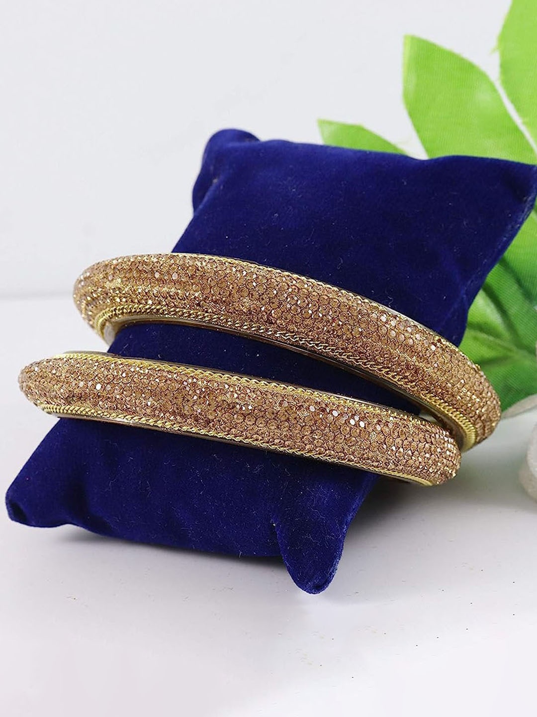 

NMII Set Of 2 Crystal Studded Glossy Finished Kada Bangle, Gold