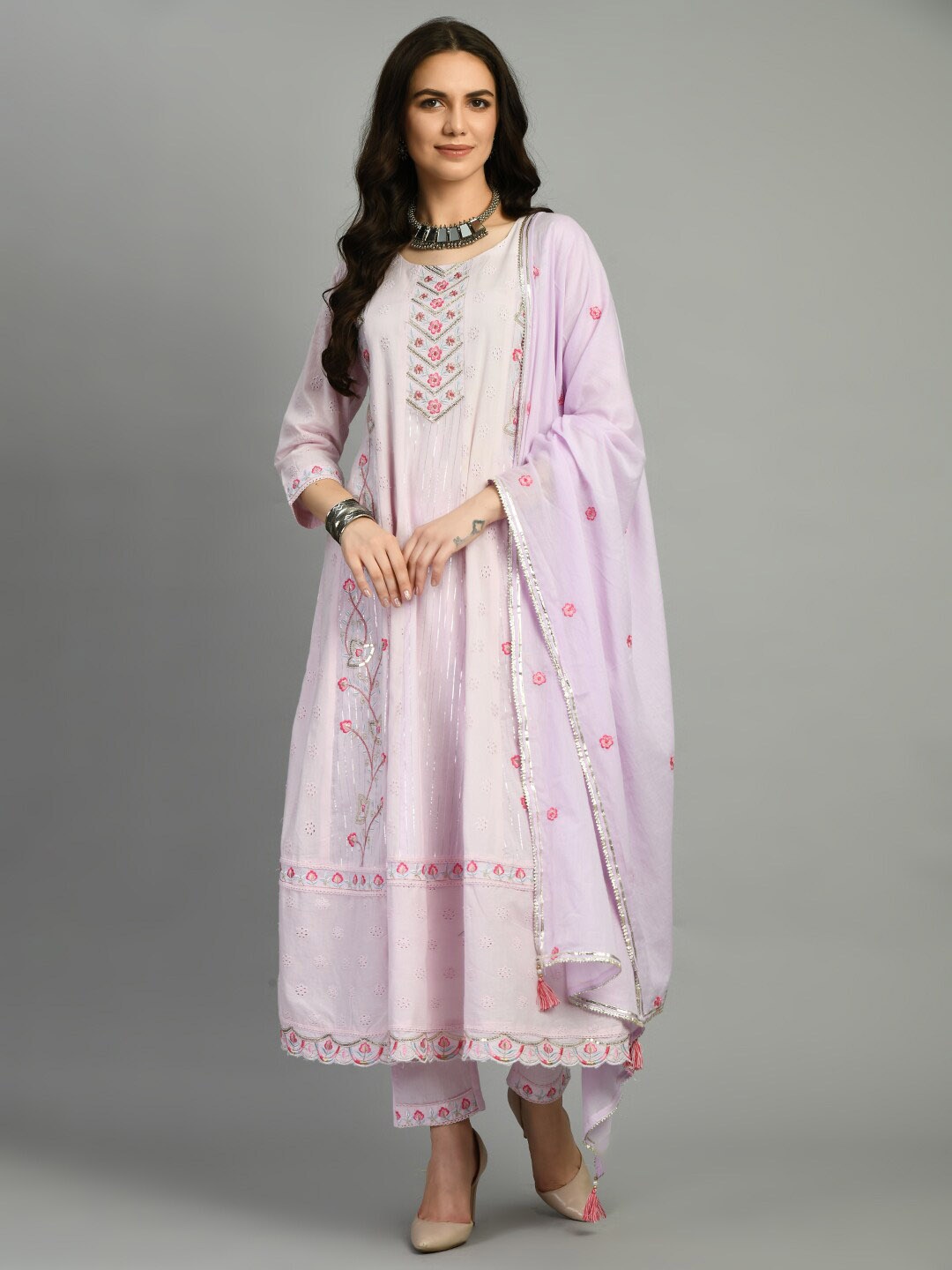 

Kurtipedia Ethnic Motifs Embroidered Regular Pure Cotton Kurta with Pyjamas & Dupatta, Purple