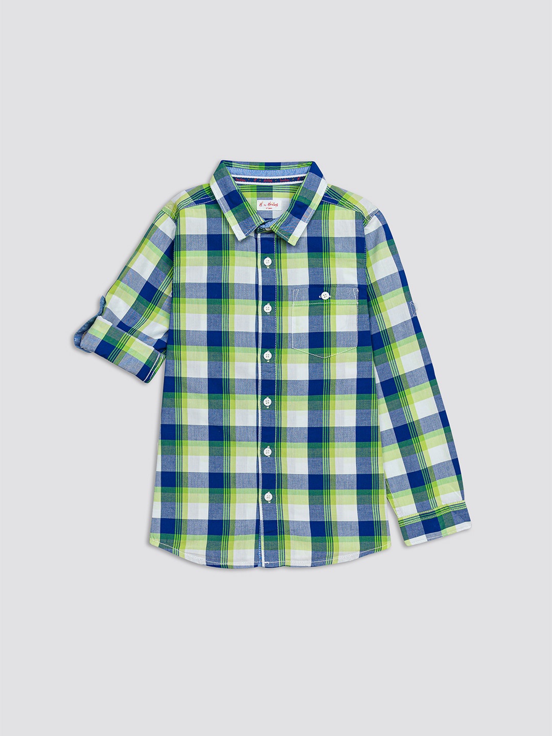 

H By Hamleys Boys Tartan Checked Roll Up Sleeves Cotton Casual Shirt, Blue