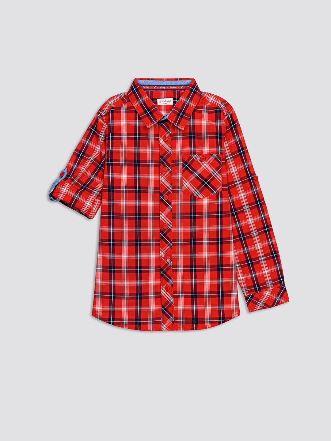 

H By Hamleys Boys Tartan Checked Roll Up Sleeves Cotton Casual Shirt, Red